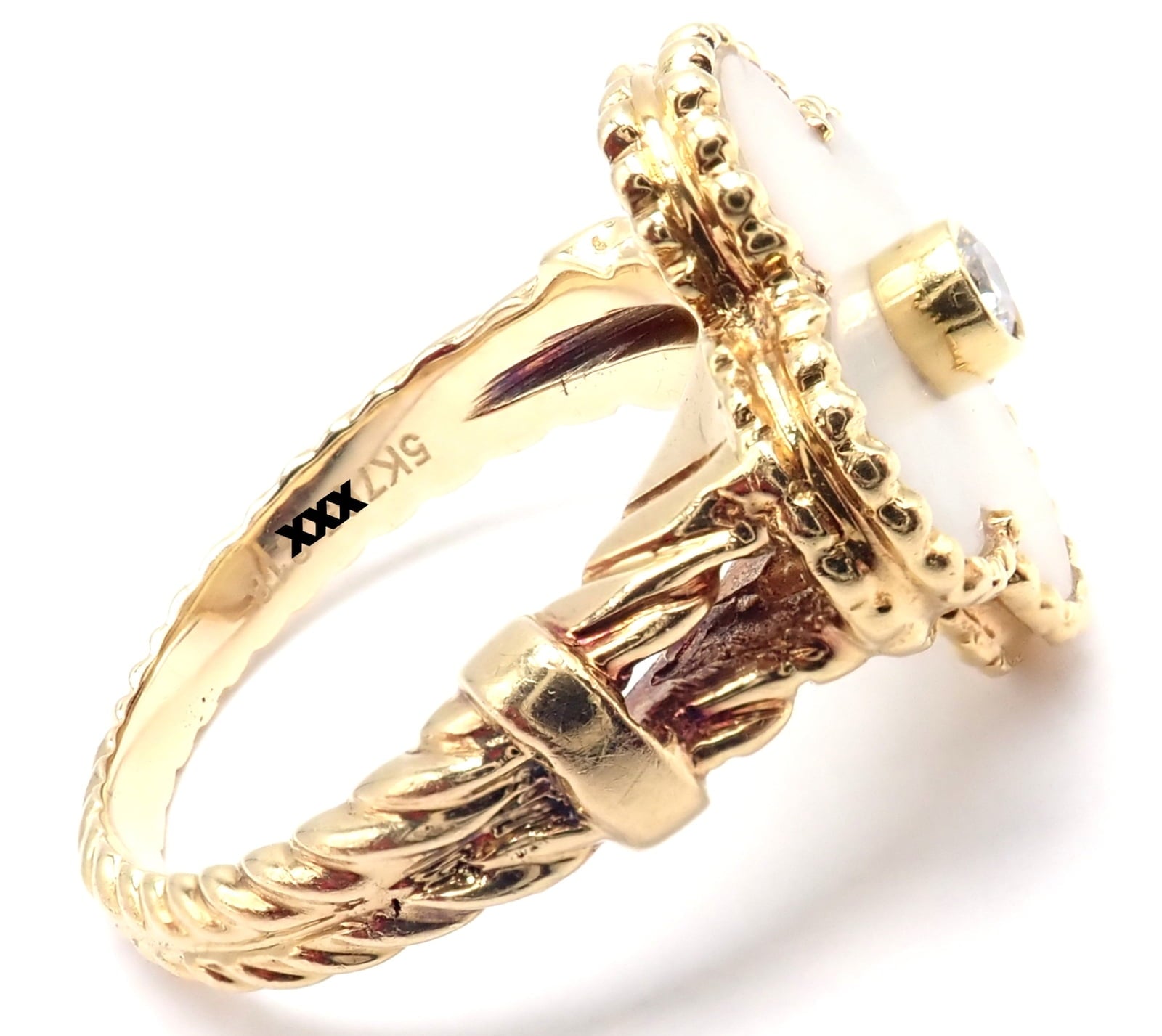Van Cleef & Arpels Vintage Alhambra 18k Yellow Gold Diamond White Coral Ring | Fortrove