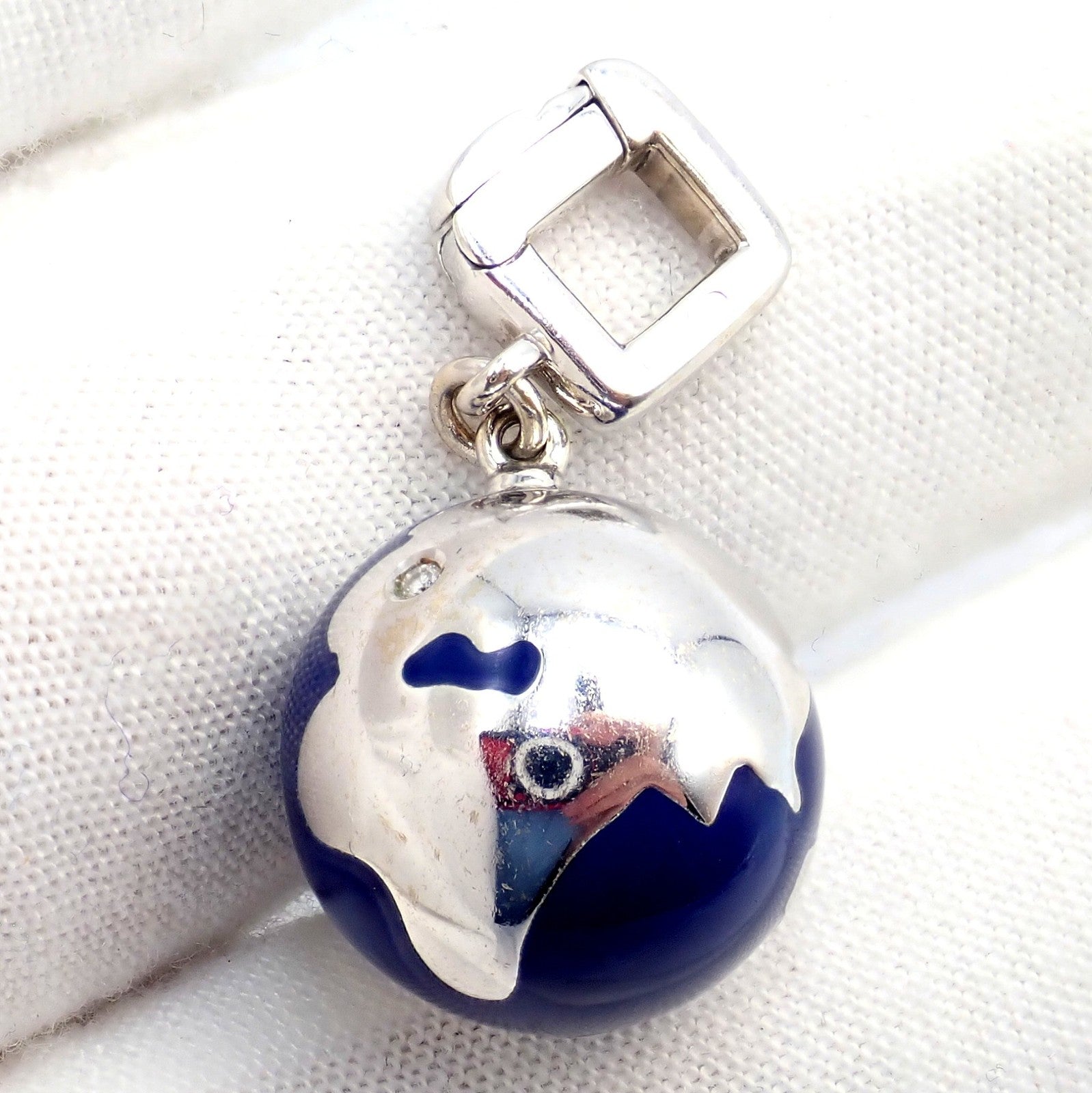 Vintage Louis Vuitton 18k White Gold Enamel Globe World Diamond Charm Pendant | Fortrove