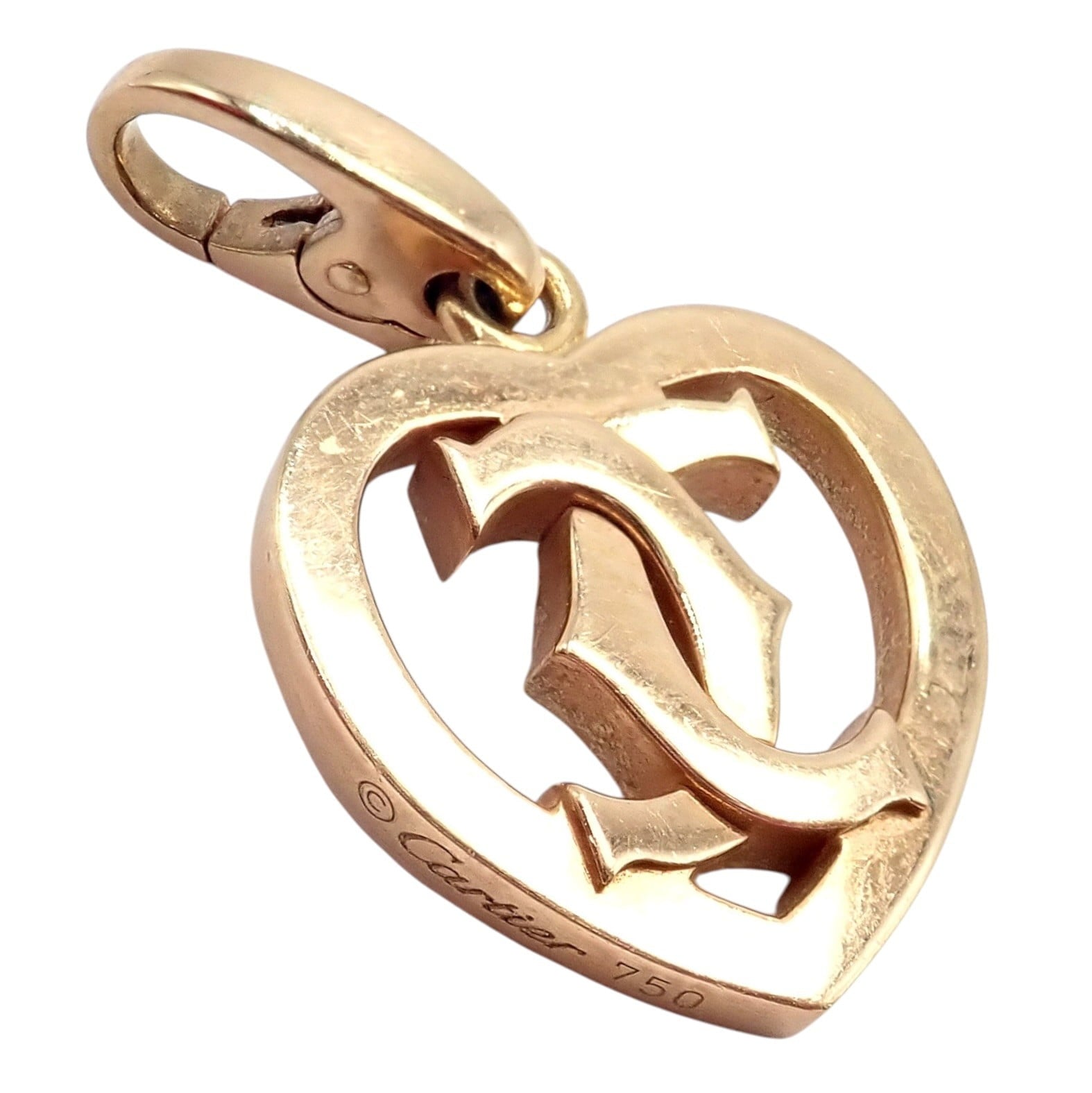 Authentic! Cartier 18k Rose Gold Double C Logo Heart Charm Pendant