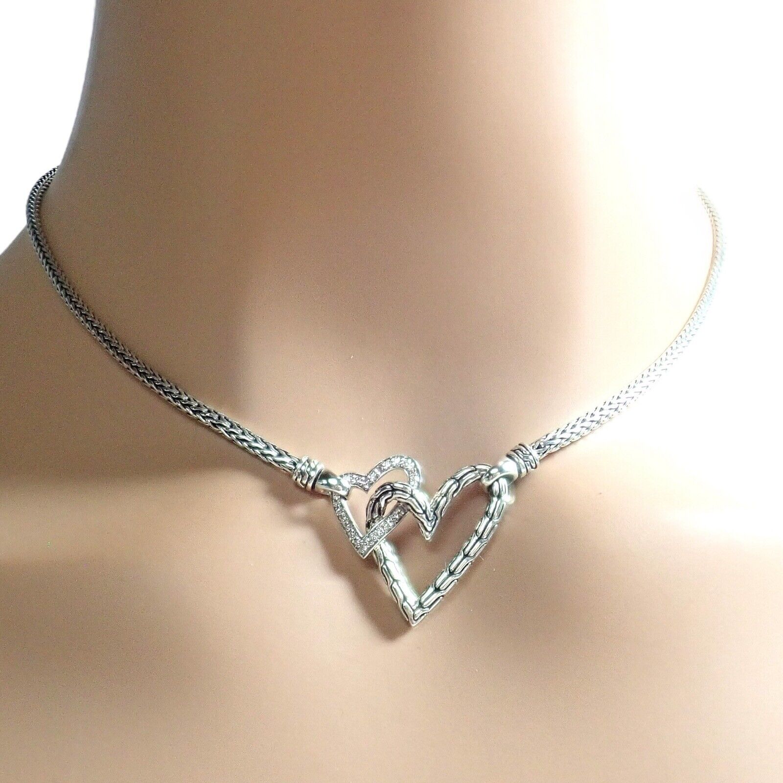 Authentic! John Hardy JH Silver Diamond Double Heart Manah Necklace | Fortrove