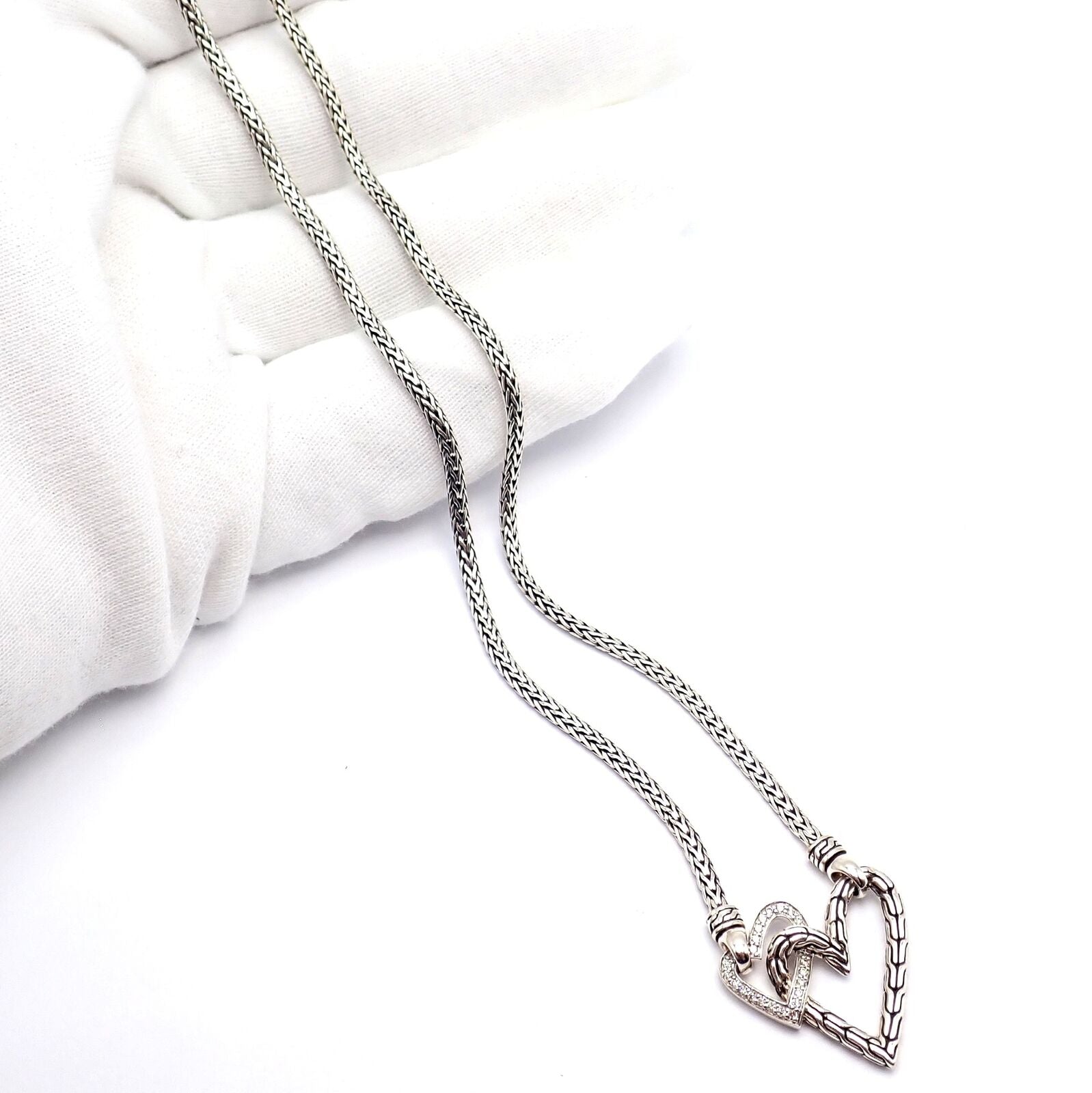 Authentic! John Hardy JH Silver Diamond Double Heart Manah Necklace | Fortrove