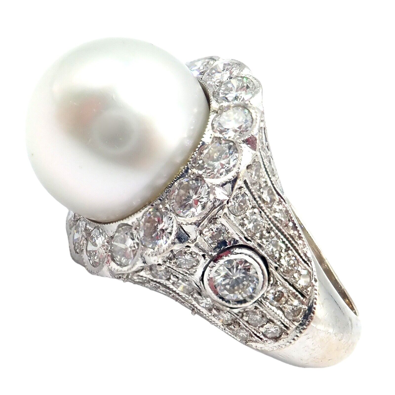 Estate Jewelry & Watches:Vintage & Antique Jewelry:Rings Vintage Estate 18k White Gold Diamond 12.5mm Pearl Cocktail Ring