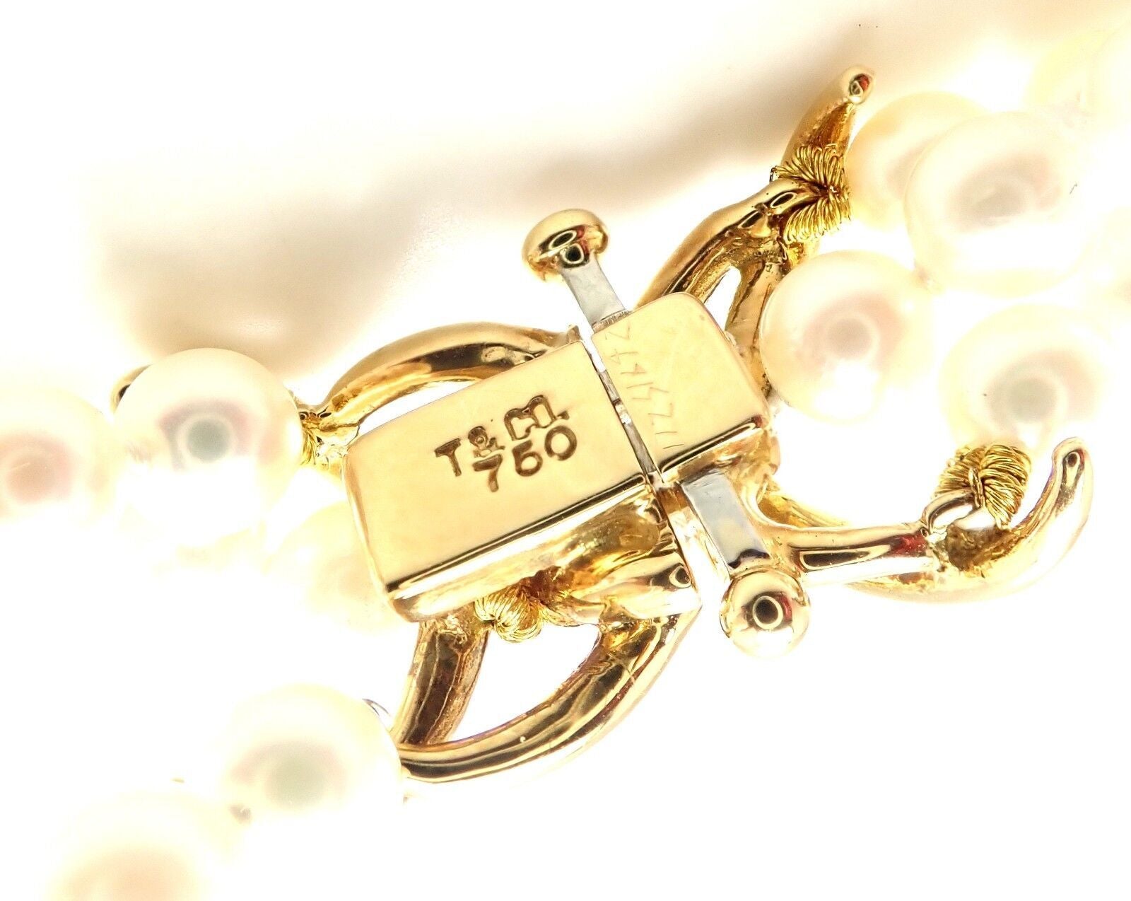 Authentic! Tiffany & Co 18k Yellow Gold Diamond 3 Strand Pearl Necklace | Fortrove