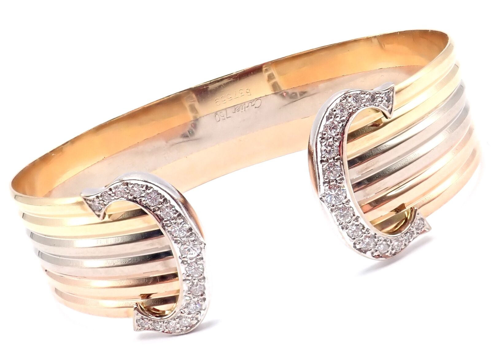 Authentic! Cartier 18k Tri-Color Gold Diamond Double C Wide Cuff Bangle Bracelet | Fortrove