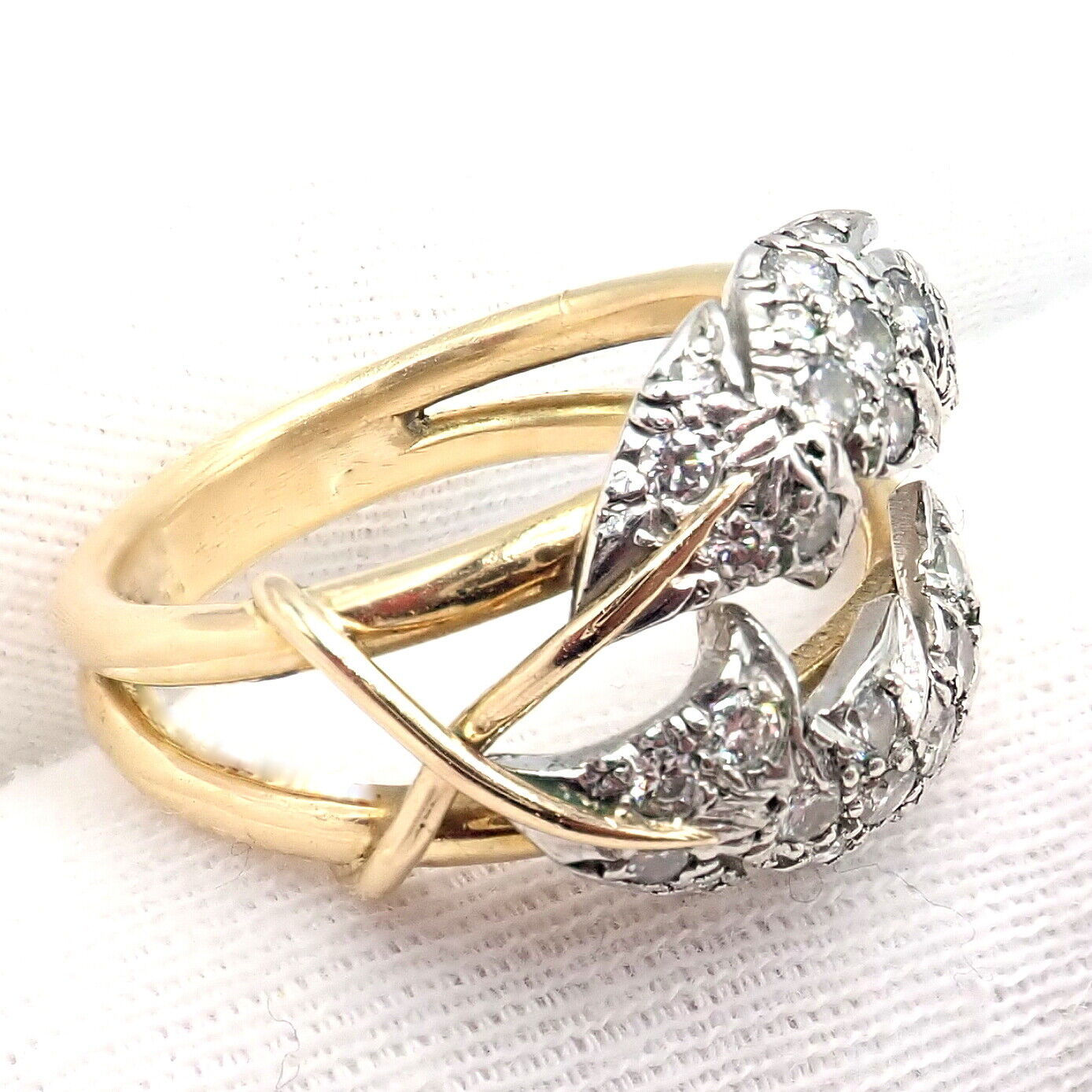 Authentic! Tiffany & Co. Schlumberger Diamond Yellow Gold Platinum Two Leaf Ring | Fortrove