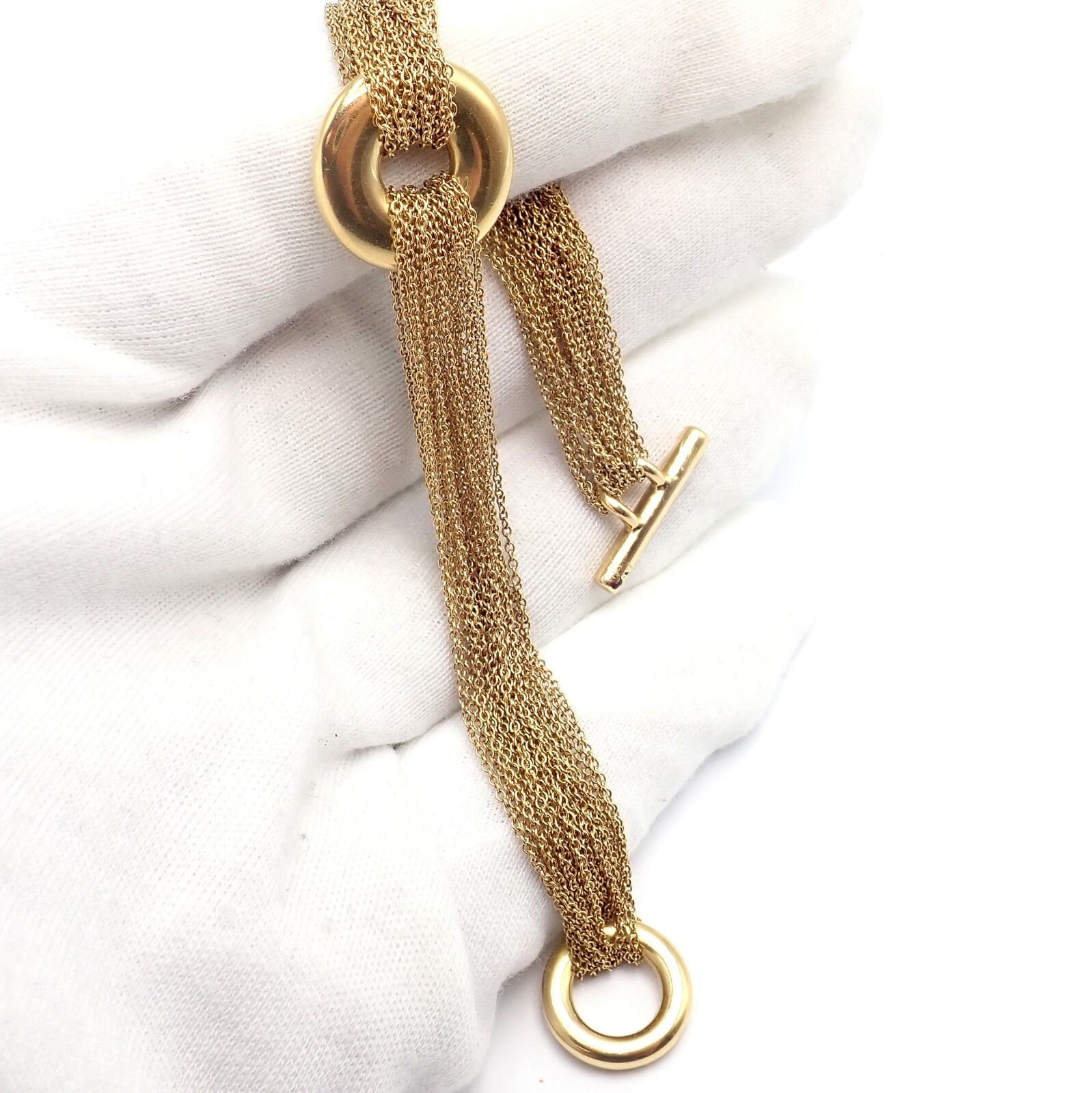 Authentic! Tiffany & Co 18k Yellow Gold Mesh Multi Strand Chain Toggle Bracelet | Fortrove