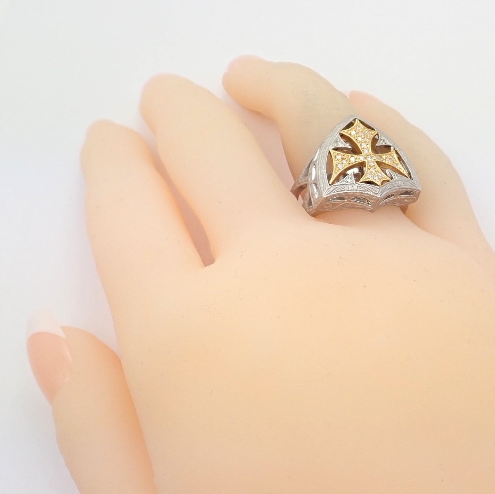 Authentic Loree Rodkin 18k White Yellow Gold Diamond Cross Shield Crest Ring | Fortrove
