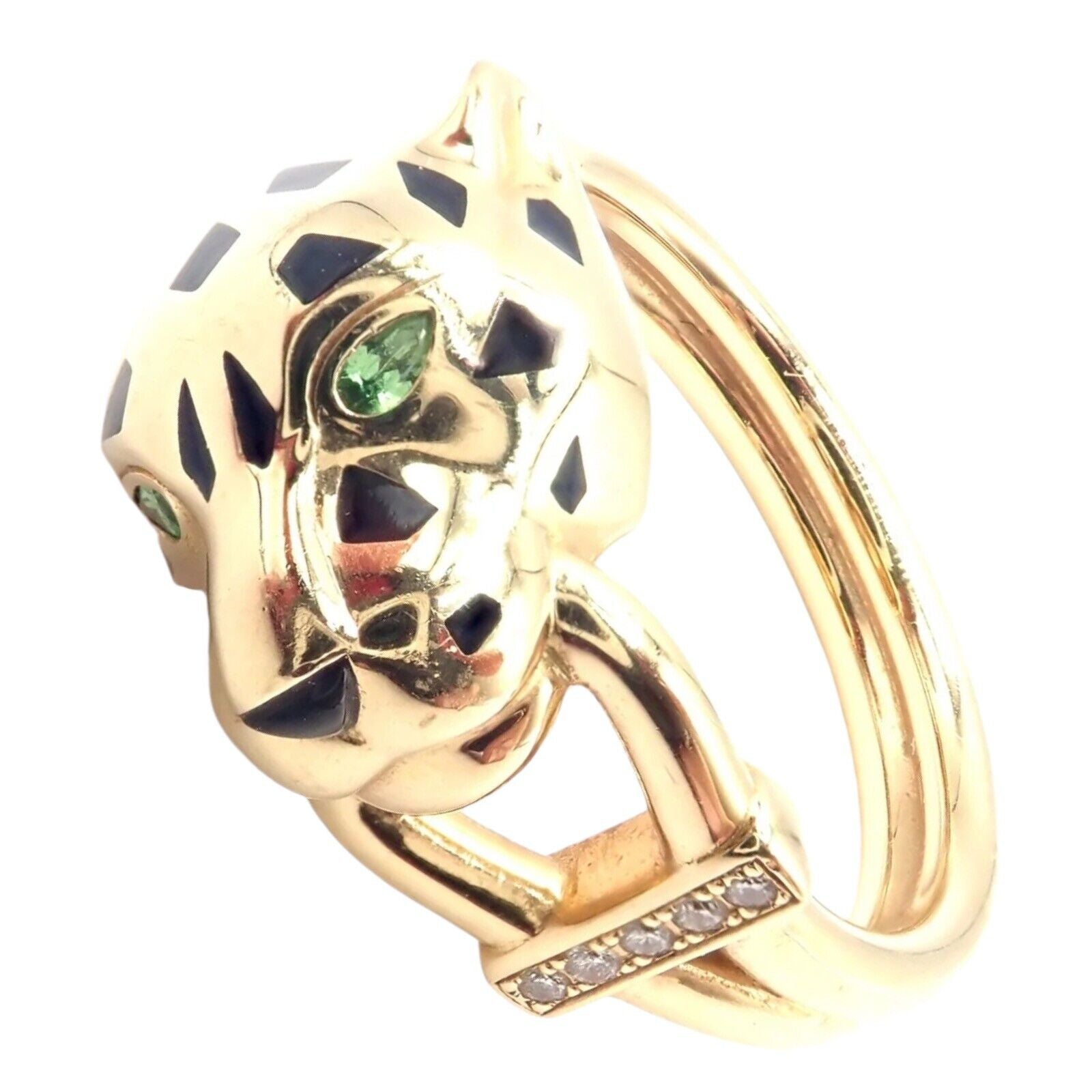 Authentic! Cartier Panther Panthere 18k Gold Diamond Lacquer Tsavorite Ring Cert | Fortrove