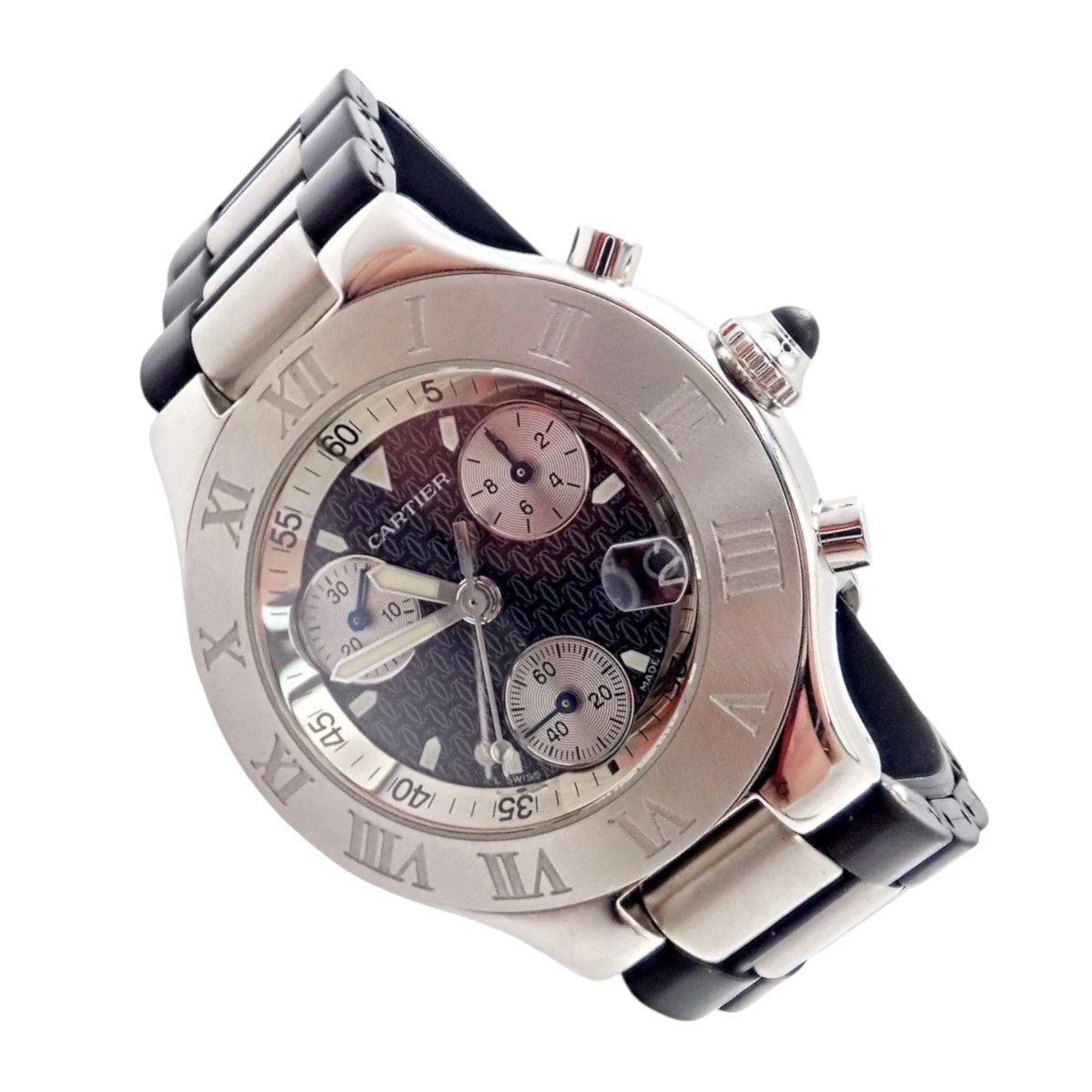 Authentic! Cartier Stainless Steel Chronograph 21 Quartz Rubber Band Watch | Fortrove