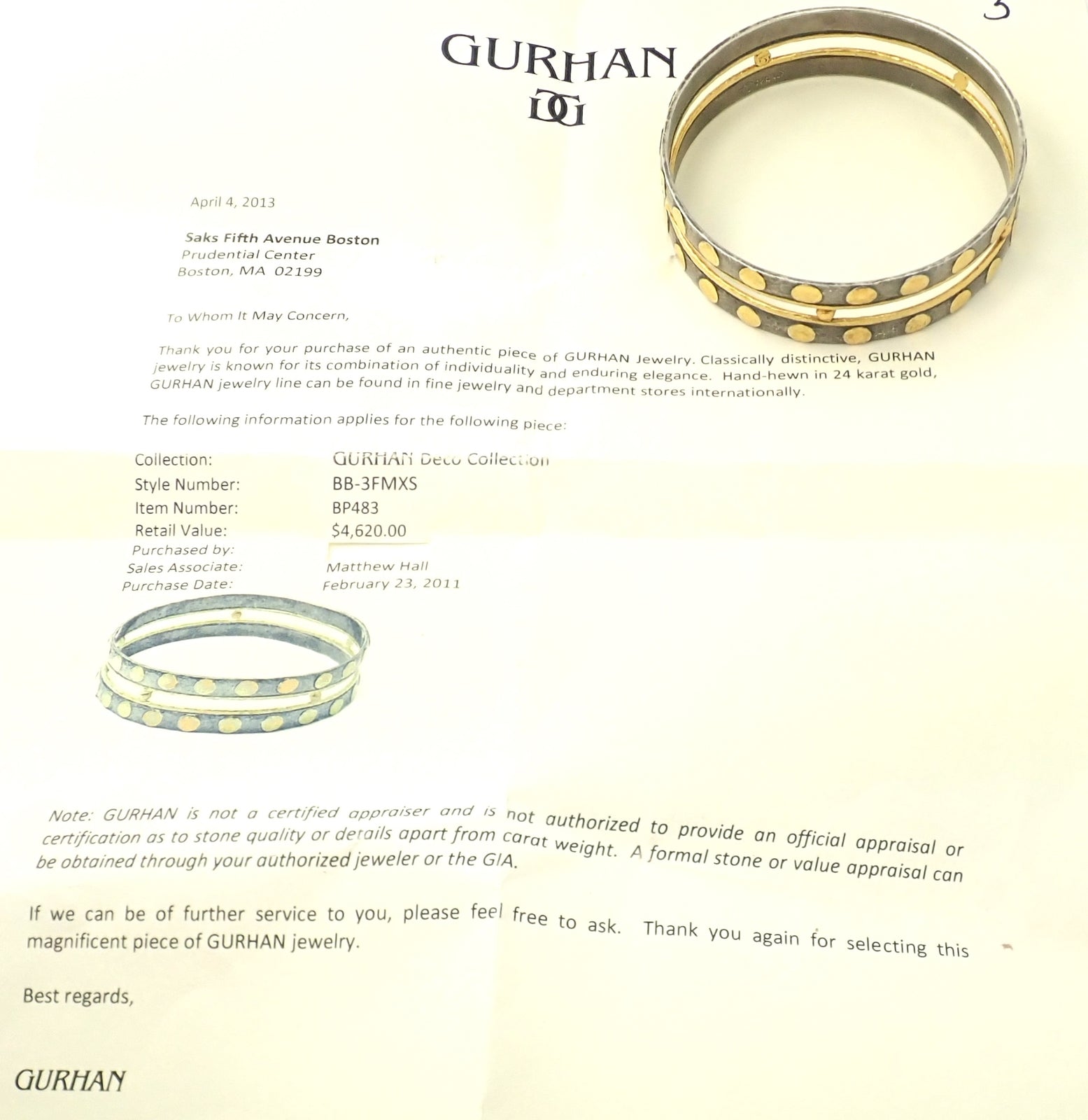 Authentic! Gurhan Deco 24k Yellow Gold Sterling Silver Bangle Bracelet Paper | Fortrove
