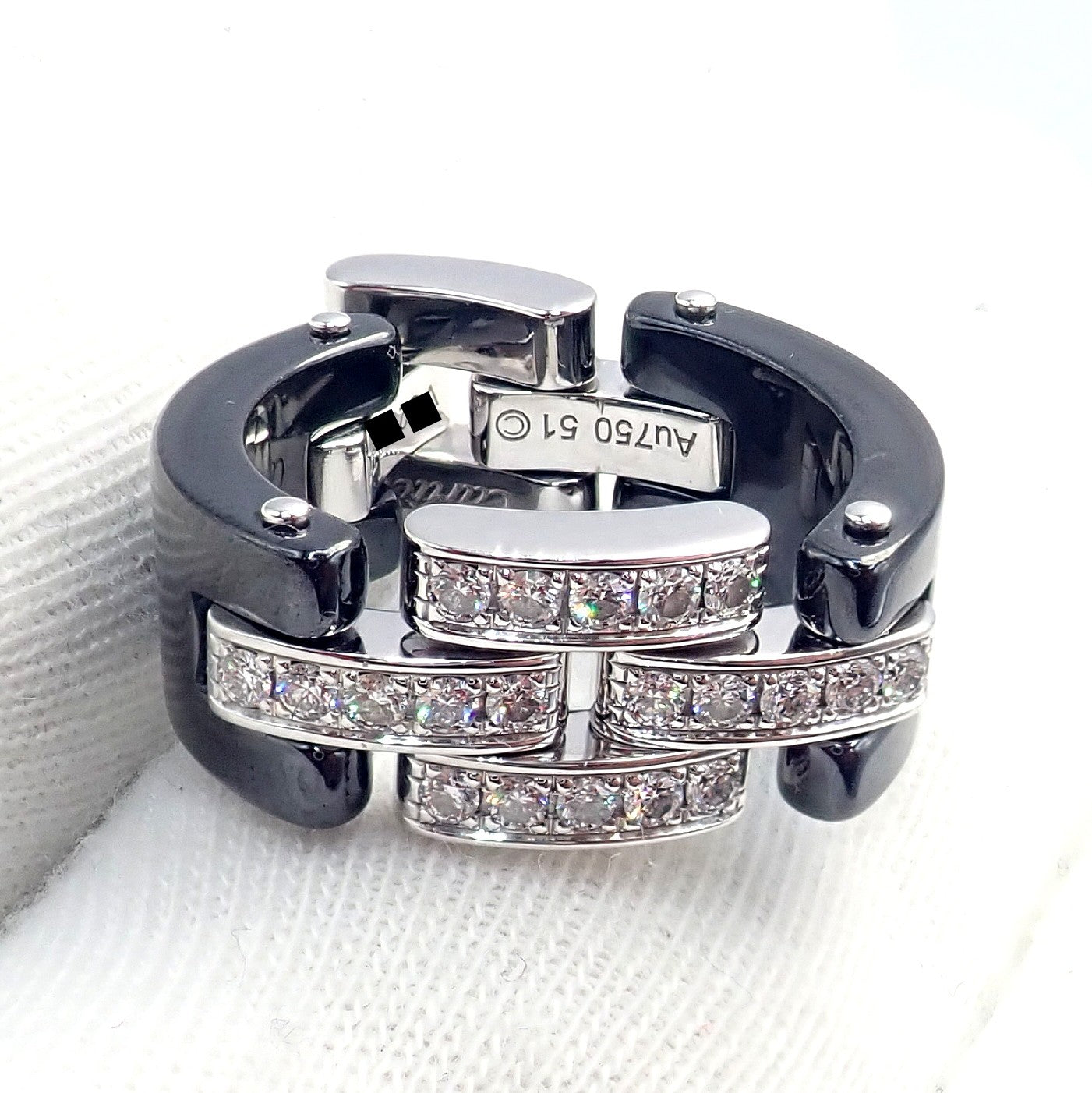 Cartier 18k White Gold Diamond Ceramic Maillon Panthere Ring Size 51 US 5.75 | Fortrove