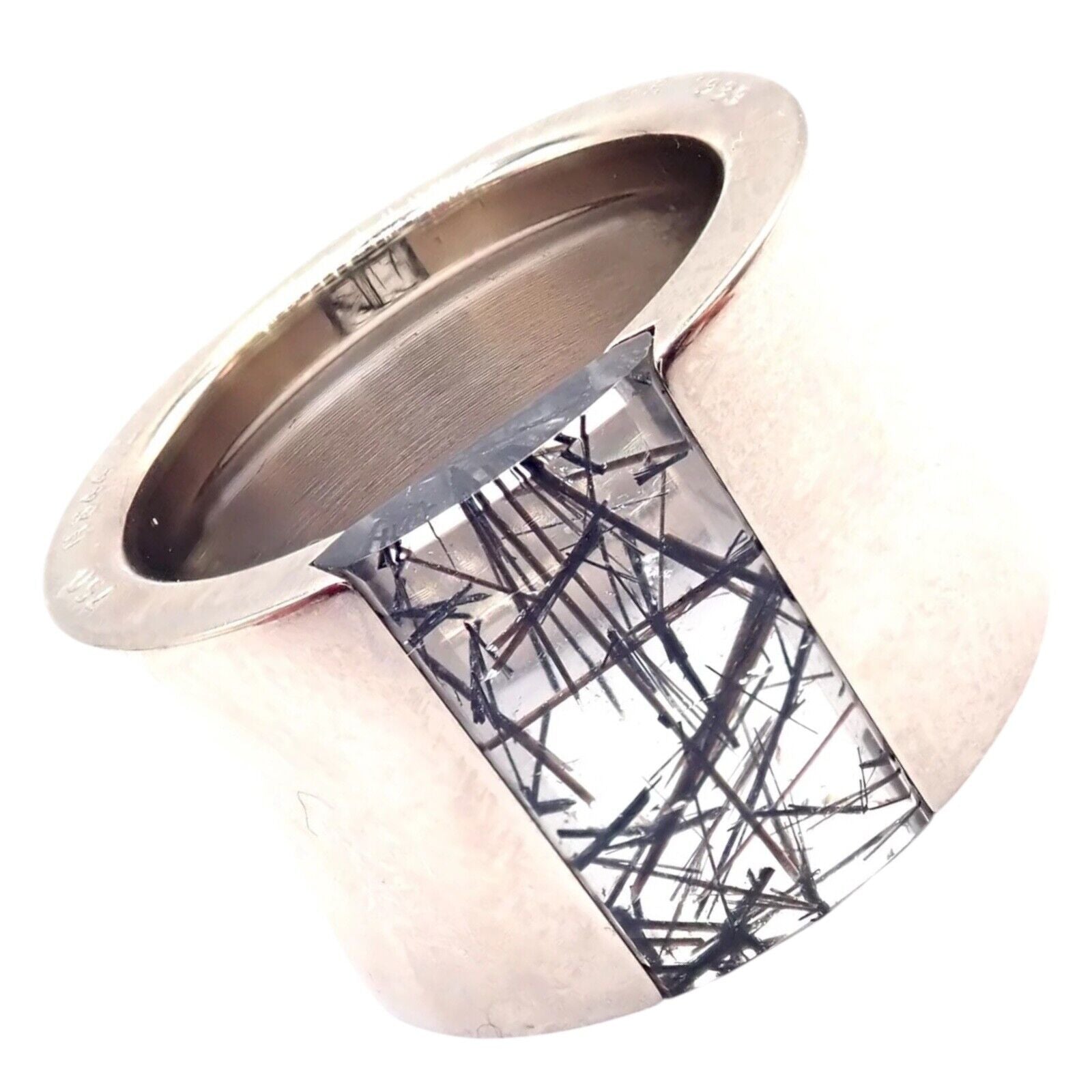 Authentic! Cartier 18k White Gold Rutilated Quartz Wide Band Ring Size 54 | Fortrove