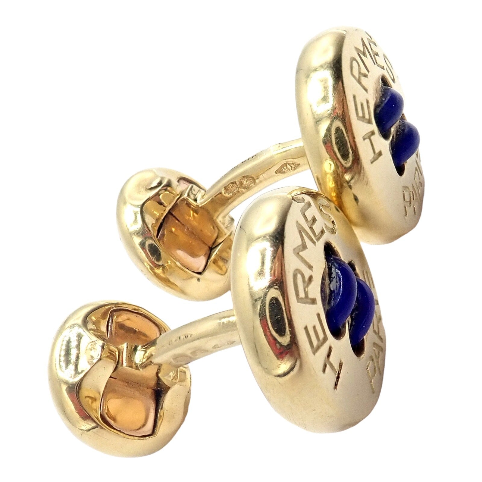 Hermes Jewelry & Watches:Men's Jewelry:Cufflinks Rare! Vintage Authentic Hermes Paris 18k Yellow Gold Mens Lapis Button Cufflinks