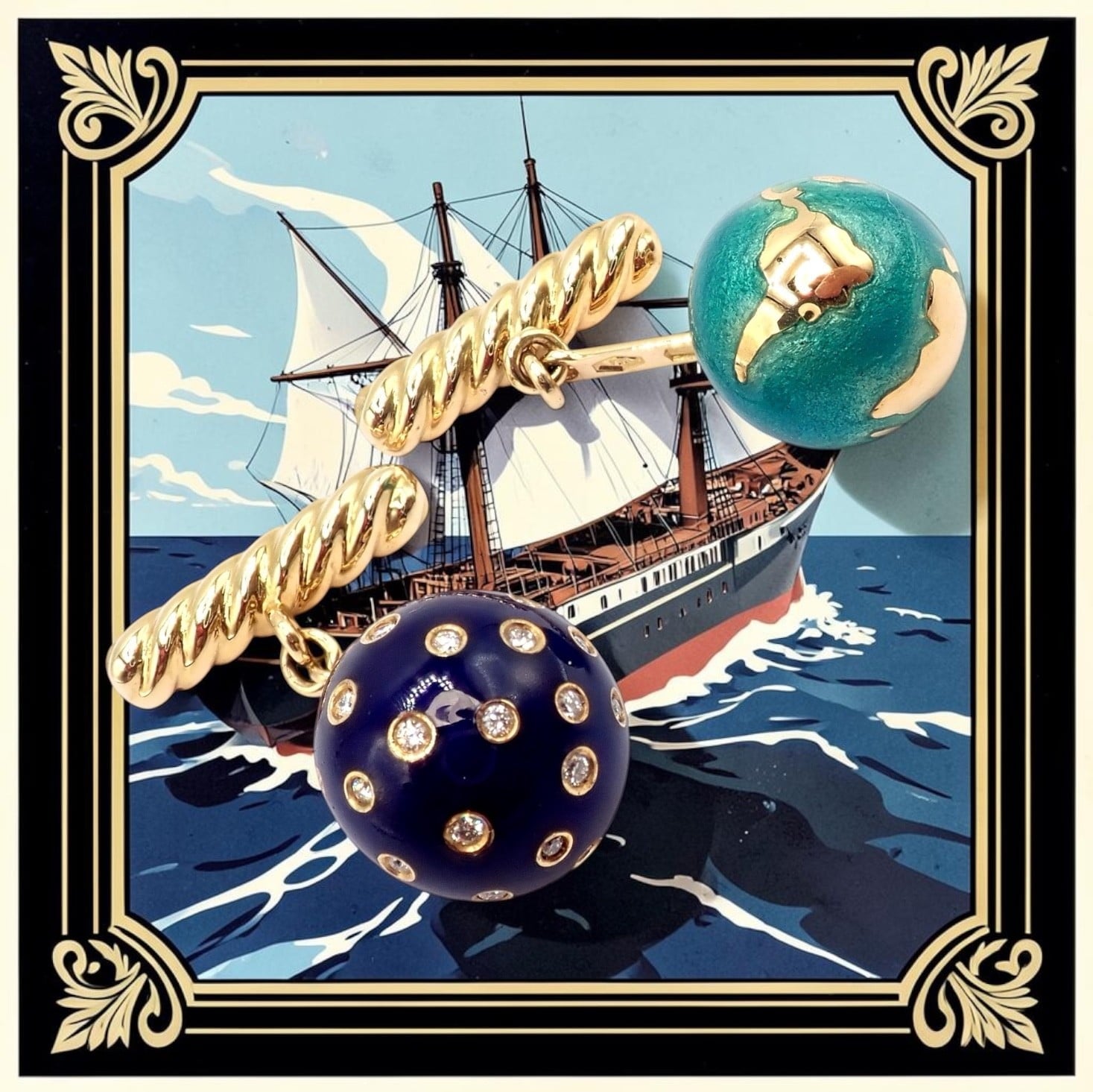 Authentic! Verdura 18k Yellow Gold Enamel Diamond Night And Day Cufflinks | Fortrove