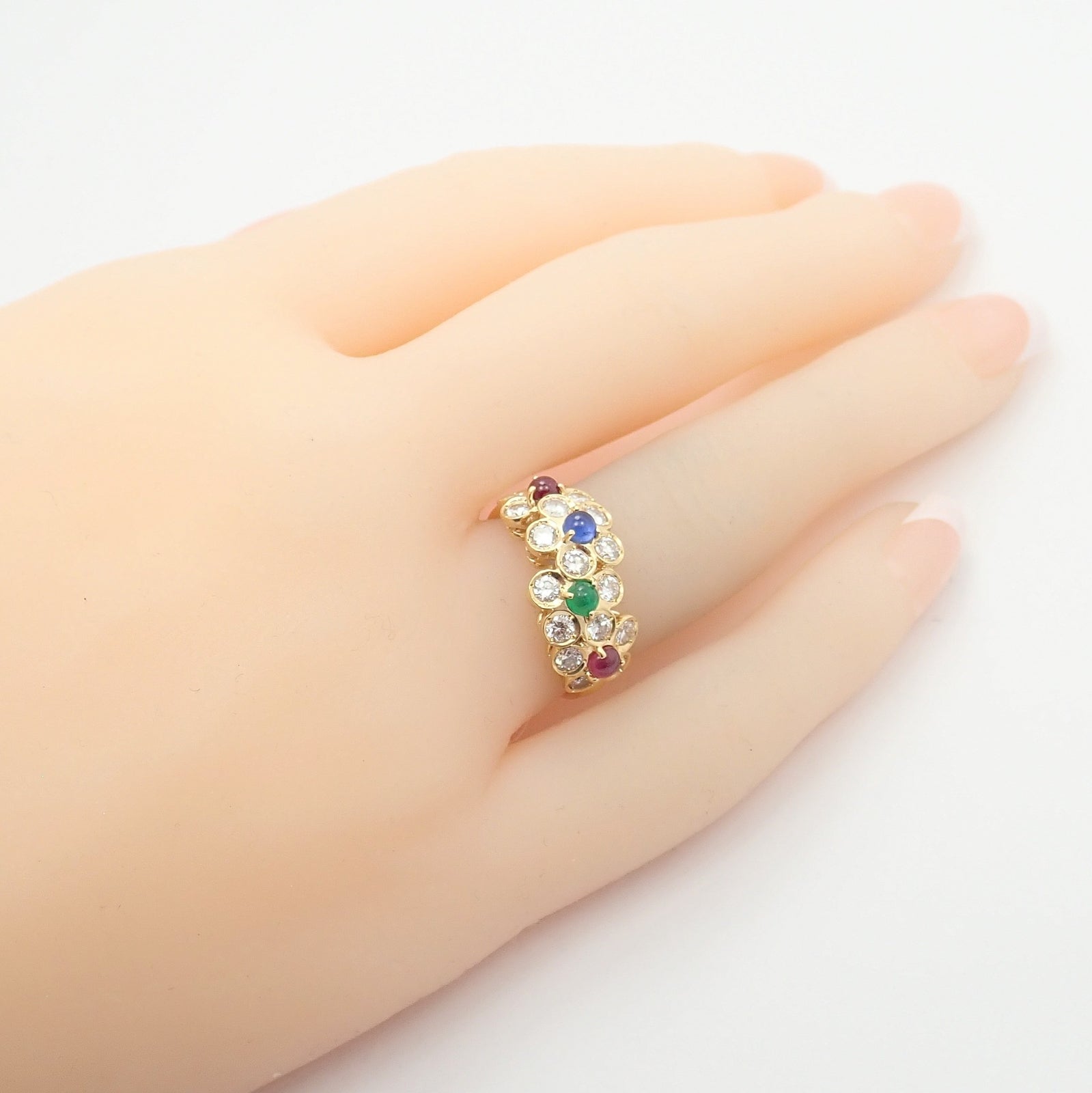 Rare! Authentic Christian Dior 18k Yellow Gold Ruby Emerald Diamond Flower Ring | Fortrove