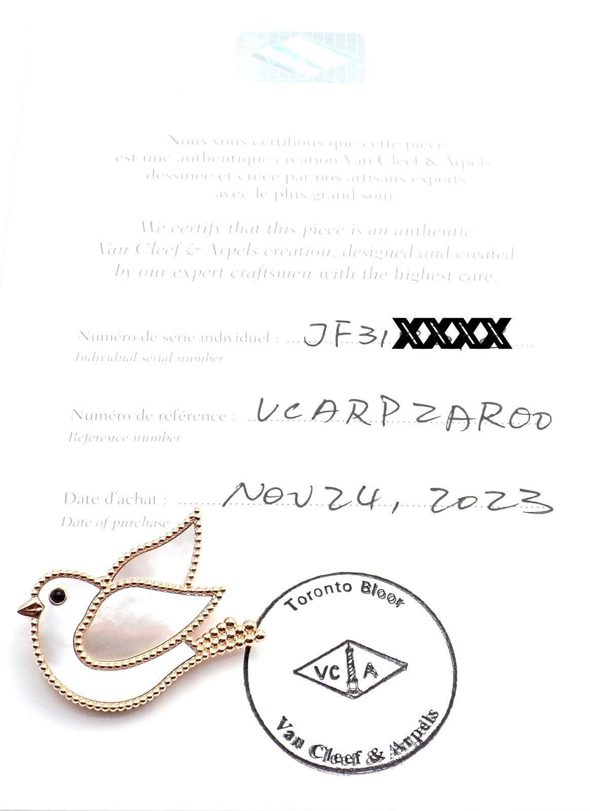 Van Cleef & Arpels Lucky Animals Dove 18k Rose Gold MOP Onyx Brooch Cert. | Fortrove