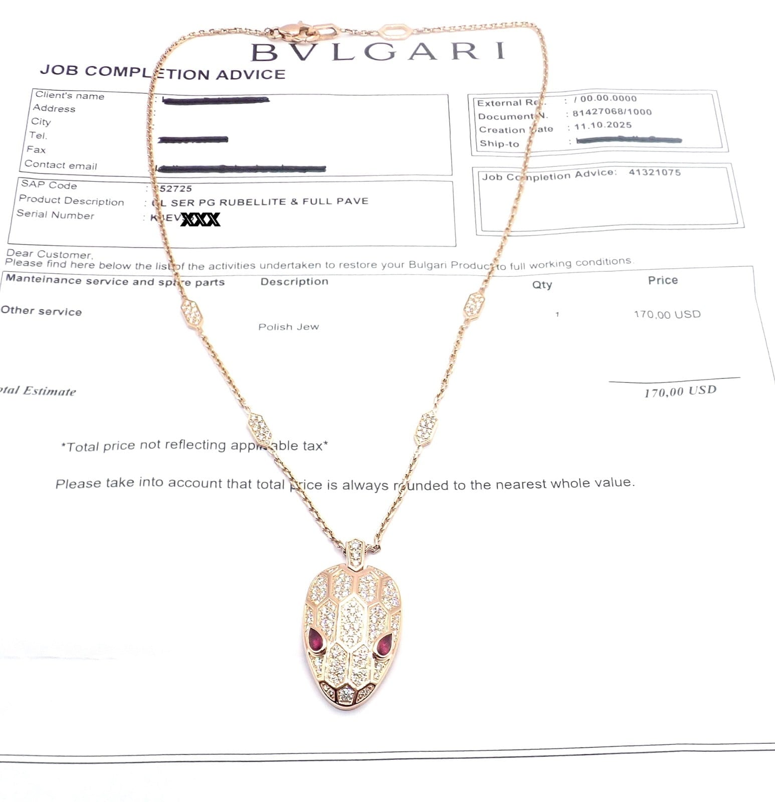 Authentic Bulgari Bvlgari Serpenti 18k Rose Gold Pave Diamond Rubellite Necklace | Fortrove
