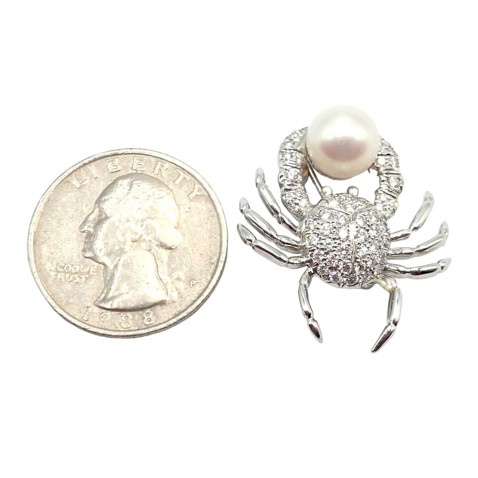 Rare! Authentic Tiffany & Co Platinum Crab 1.50ct Diamond 9mm Pearl Pin Brooch | Fortrove