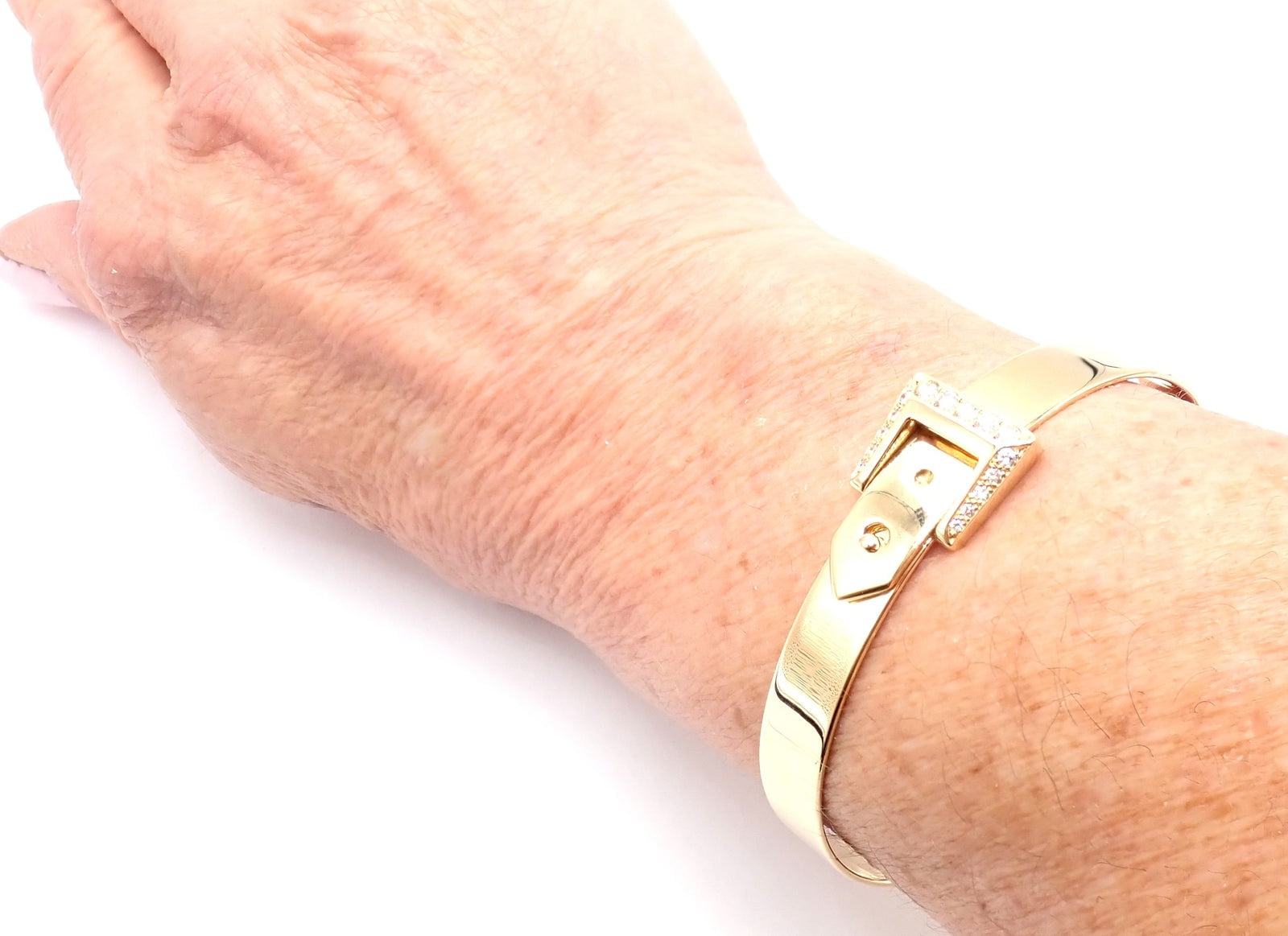 Authentic! Hermes 18k Yellow Gold Diamond Buckle Bangle Bracelet