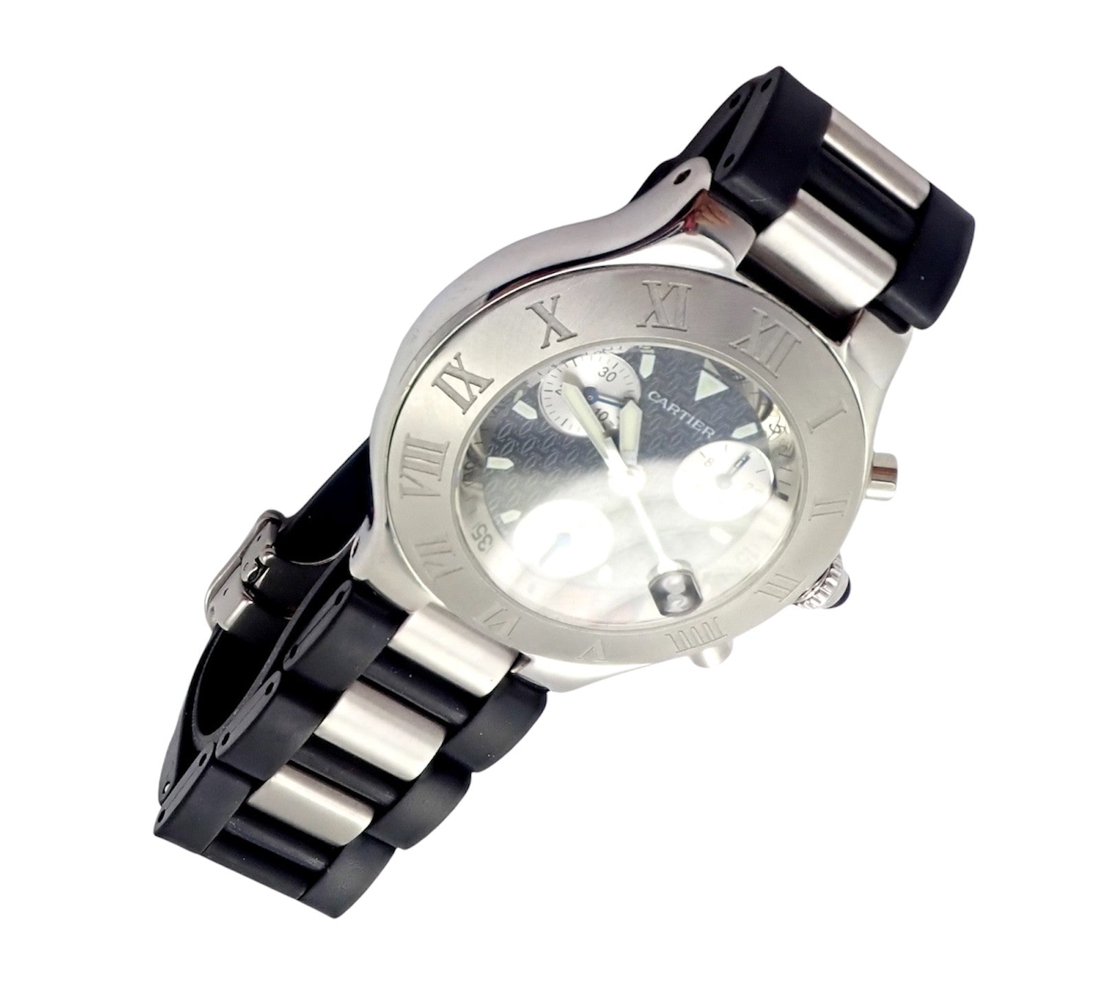 Authentic! Cartier Stainless Steel Chronograph 21 Quartz Rubber Band Watch | Fortrove