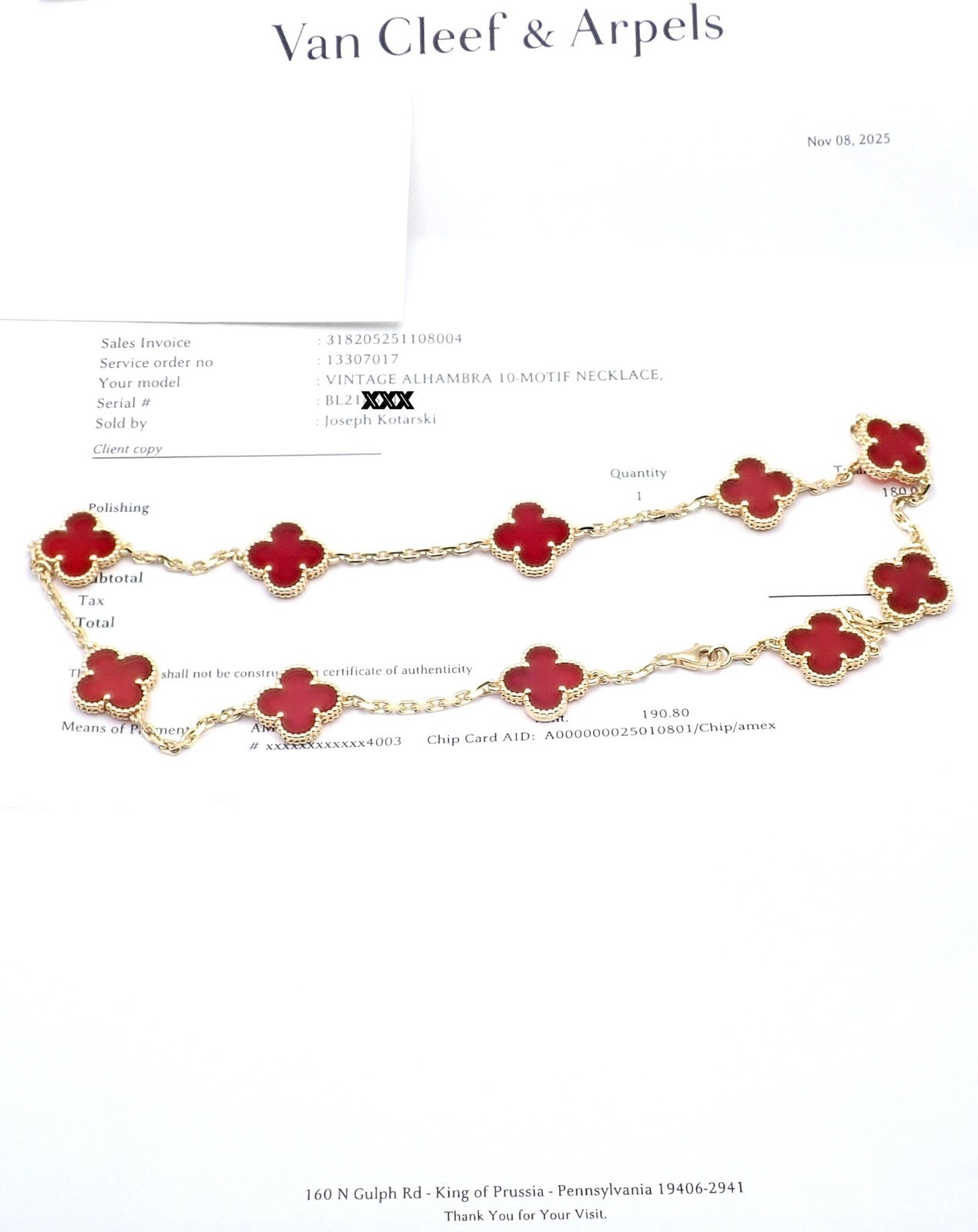 Van Cleef & Arpels Jewelry & Watches:Fine Jewelry:Necklaces & Pendants Authentic Van Cleef & Arpels 18k Gold 10 Motif Alhambra Carnelian Necklace Paper