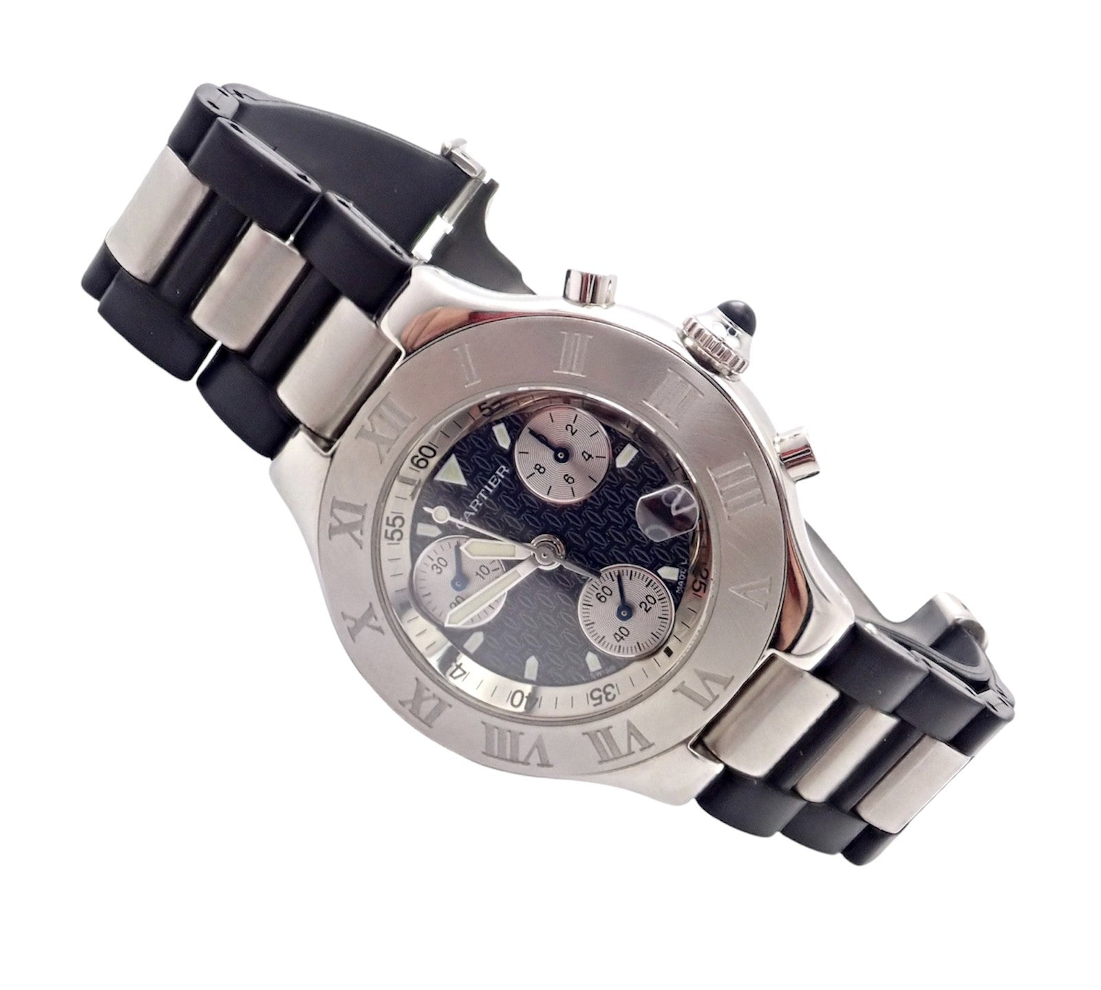 Authentic! Cartier Stainless Steel Chronograph 21 Quartz Rubber Band Watch | Fortrove