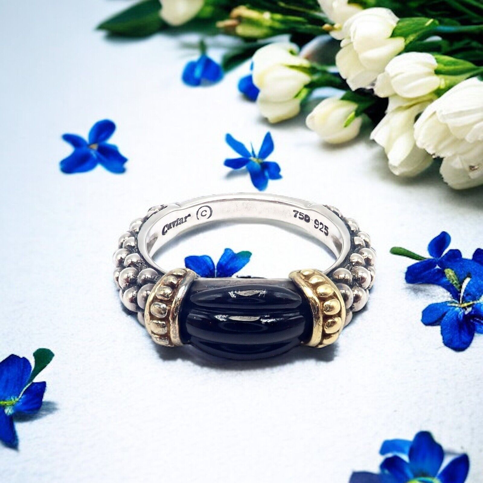 Authentic! Lagos Caviar Silver + 18k Yellow Gold Onyx Ring sz 5.5
