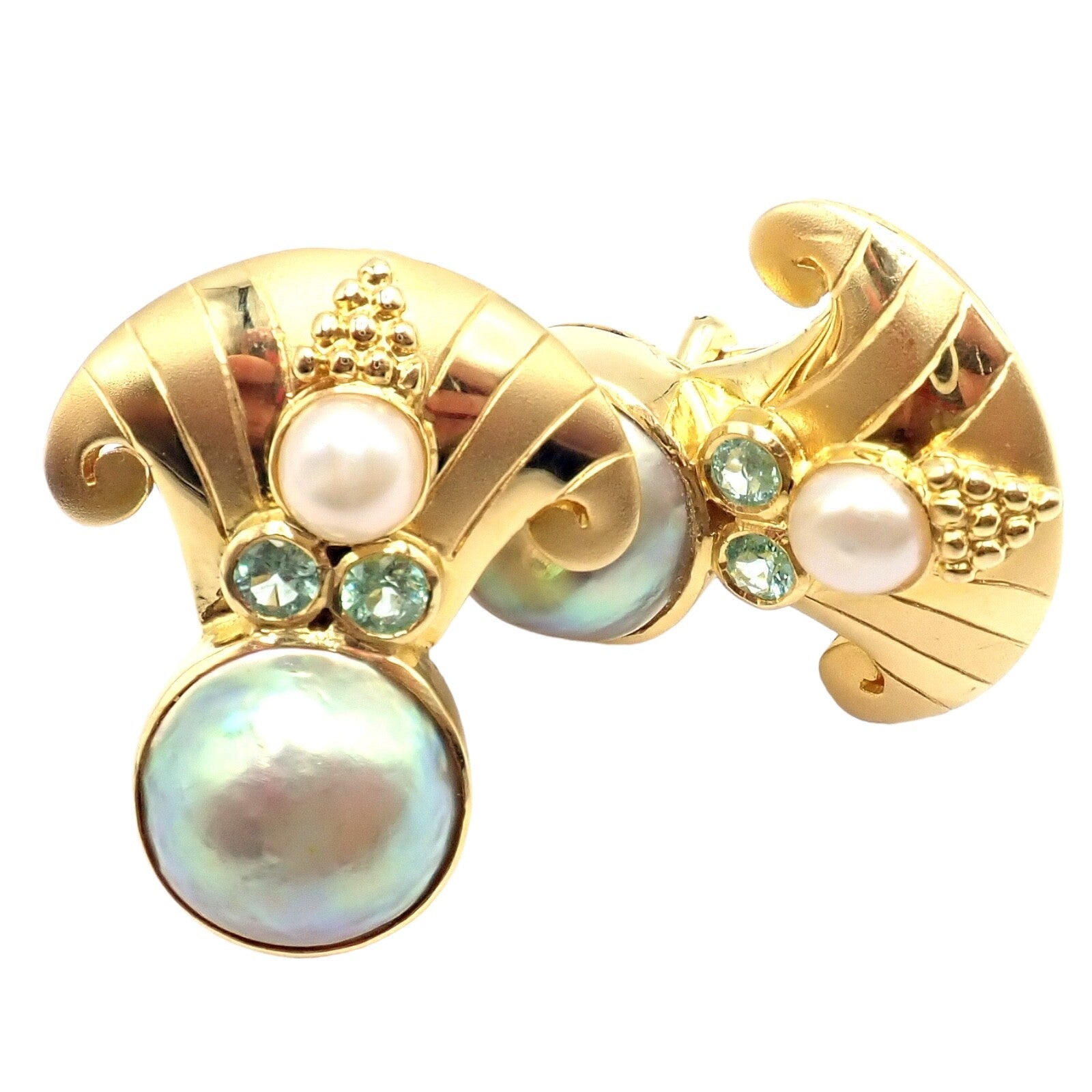 Rare! Vintage Paula Crevoshay 18k Gold Abalone Pearl Blue Gemstone Earrings OOAK | Fortrove