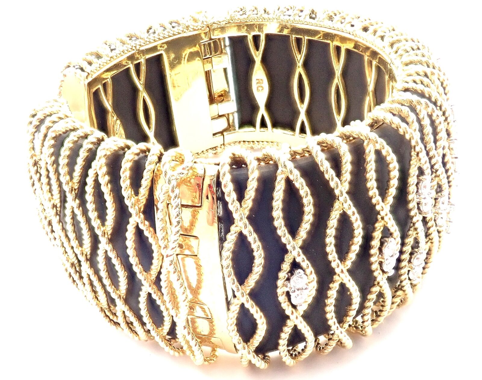 Authentic! Roberto Coin 18k Yellow Gold Diamond Ebony Wood Cuff Bangle Bracelet | Fortrove