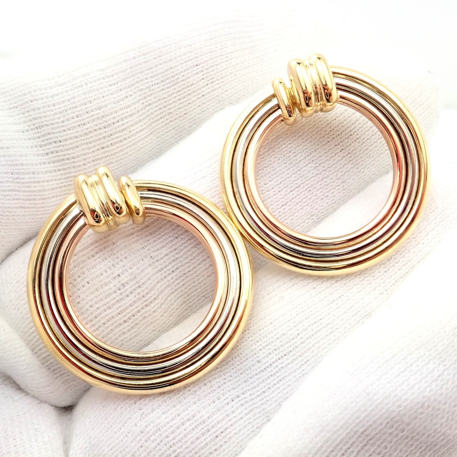 Cartier Jewelry & Watches:Fine Jewelry:Earrings Authentic! Cartier 18k Tri-Color Gold Large Trinity Hoop Earrings
