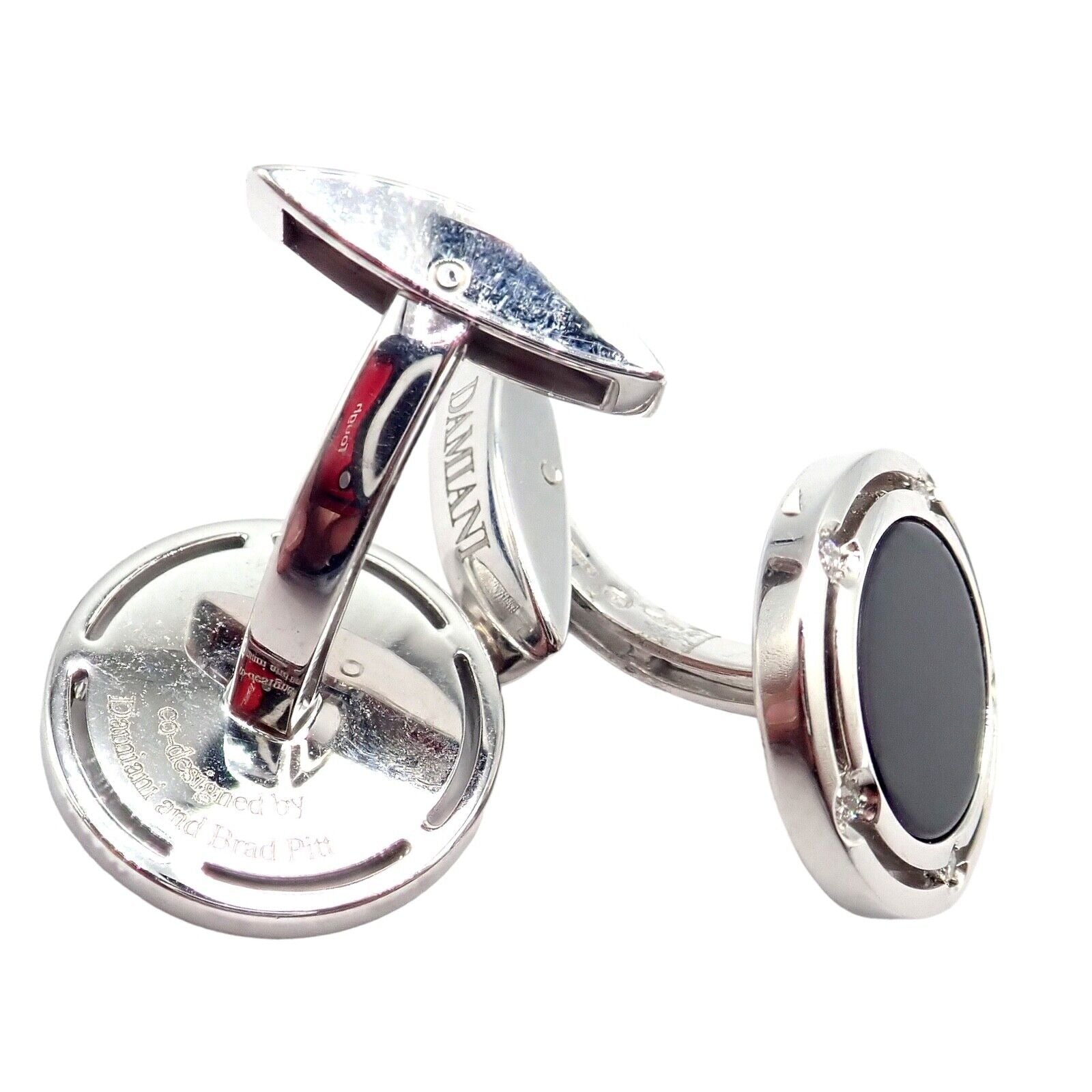 Authentic! Damiani Brad Pitt 18k White Gold Diamond Black Onyx Cufflinks | Fortrove