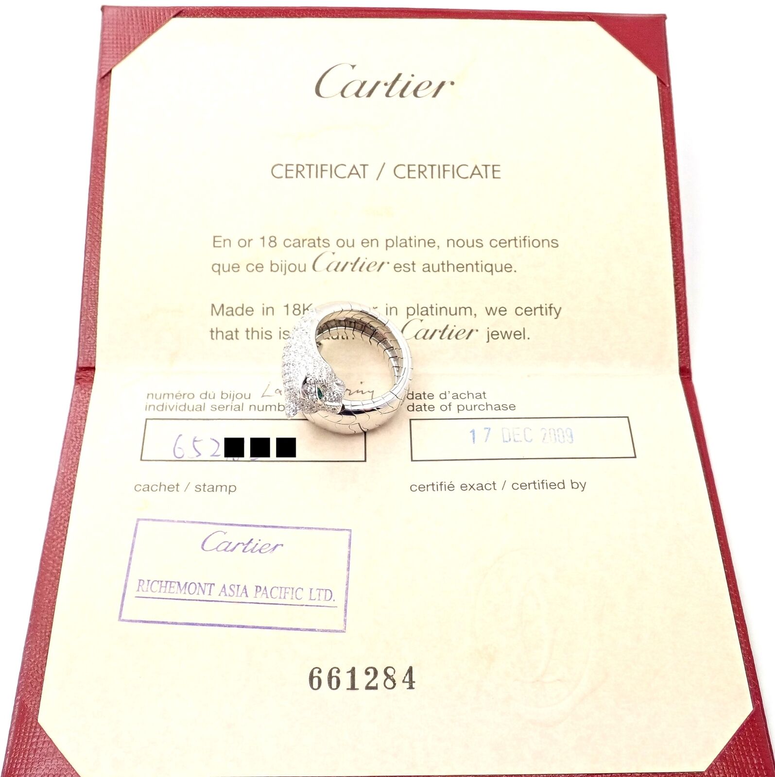 Authentic! Cartier Panther 18k White Gold Diamond Emerald Onyx Band Ring Cert. | Fortrove