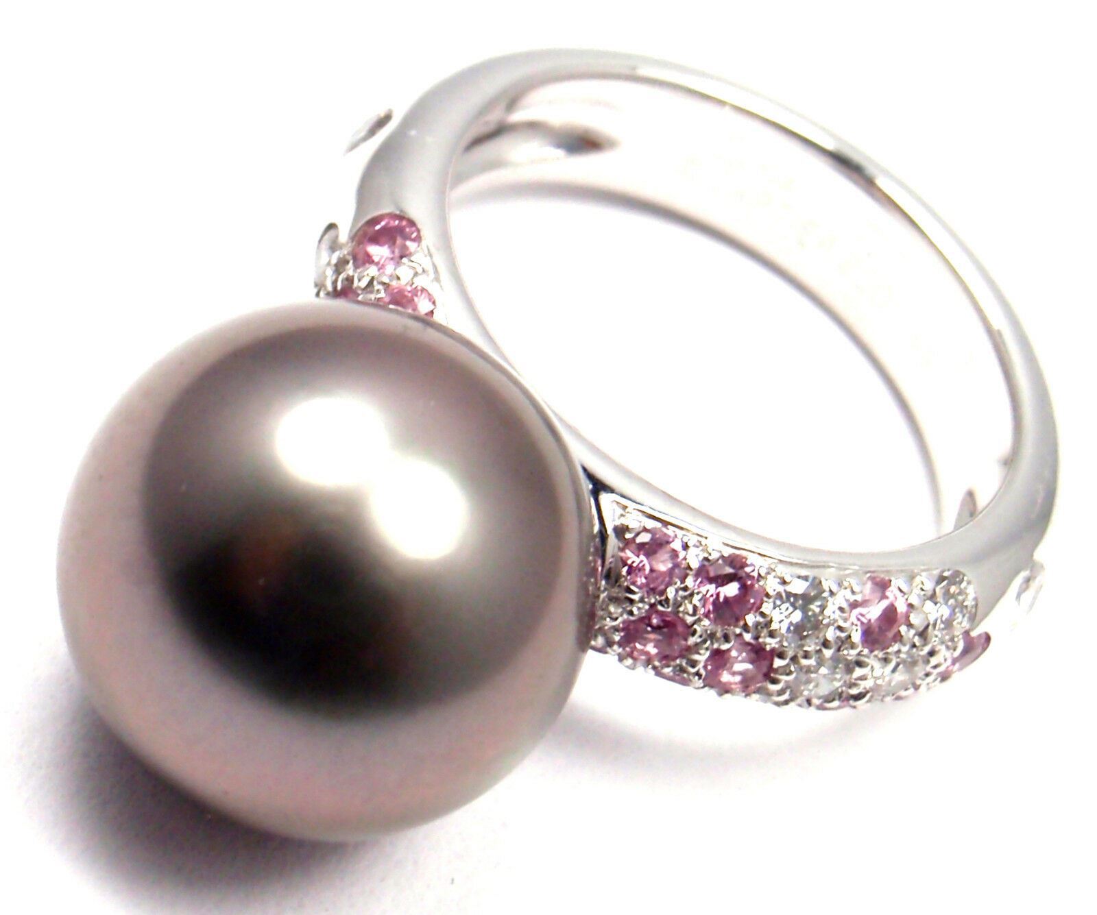 Authentic! Cartier 18k White Gold Tahitian Pearl Diamond Pink Sapphire Ring | Fortrove