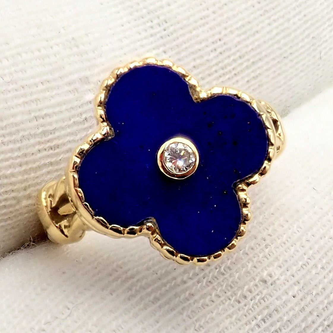 Van Cleef & Arpels Alhambra 18k Yellow Gold Lapis Lazuli Diamond Ring Sz 4 | Fortrove