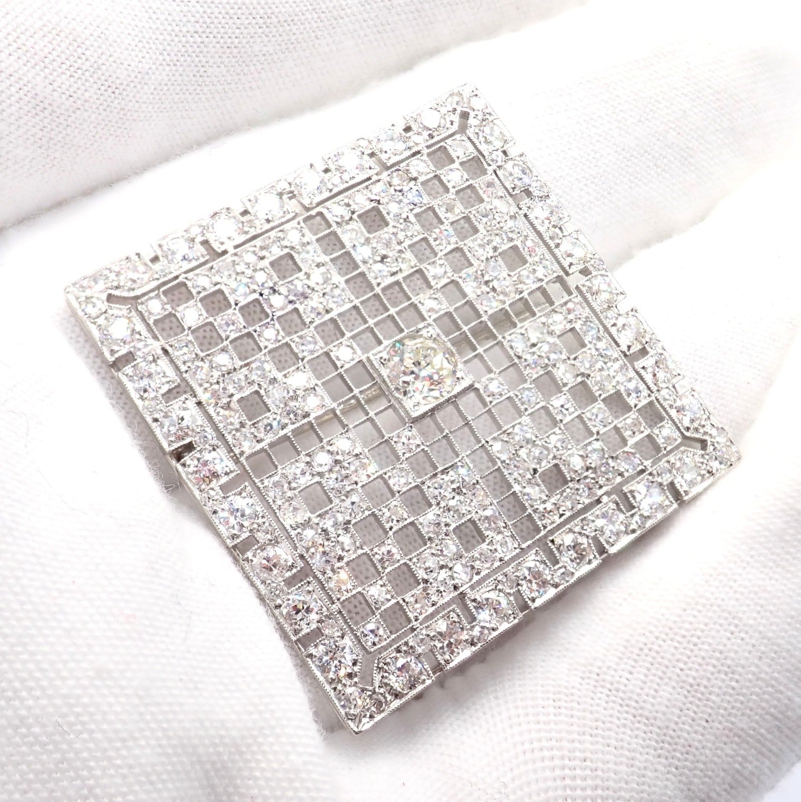Vintage Estate Art Deco Platinum 5ctw Diamond Square Pin Brooch | Fortrove
