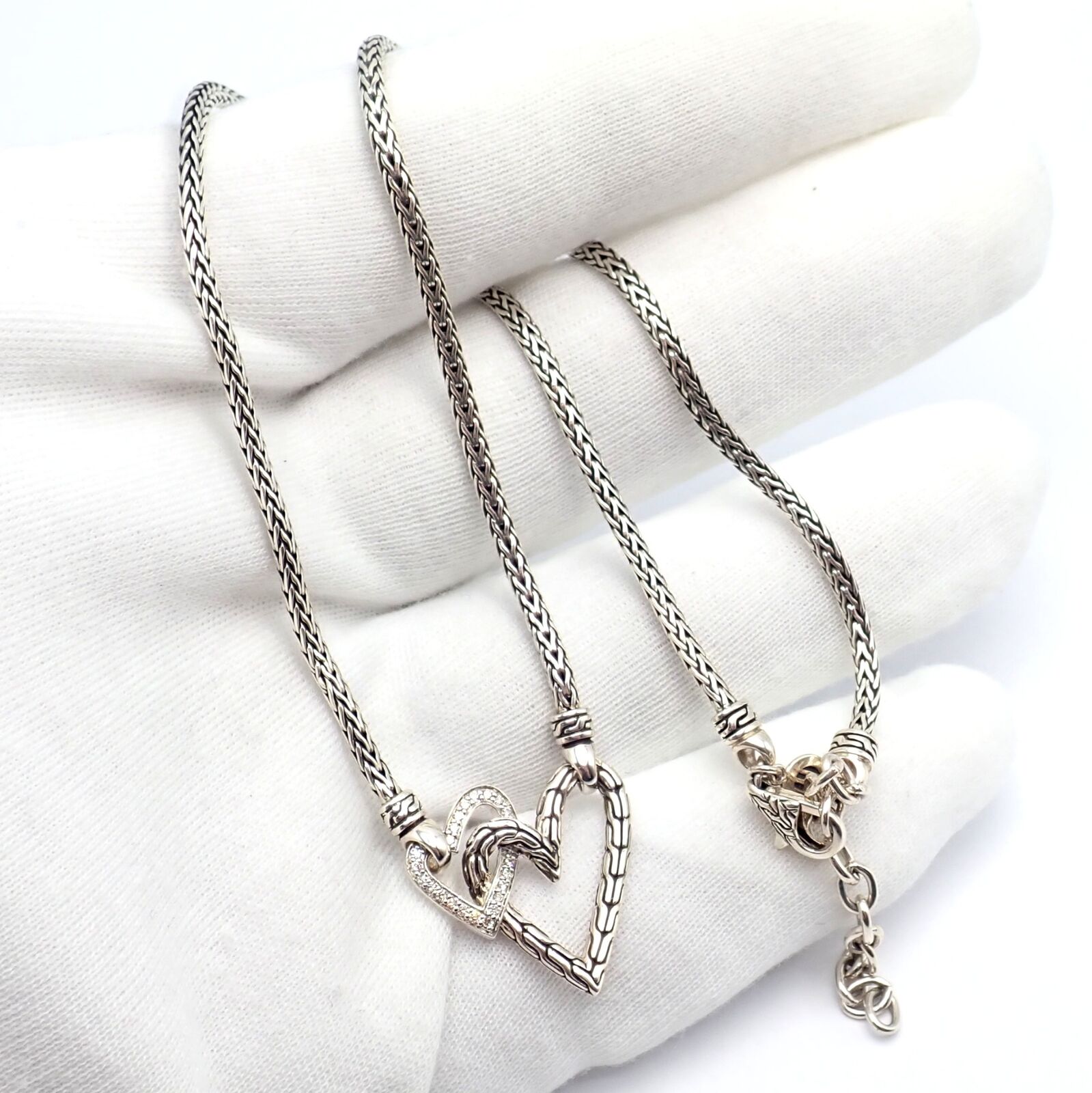 Authentic! John Hardy JH Silver Diamond Double Heart Manah Necklace | Fortrove