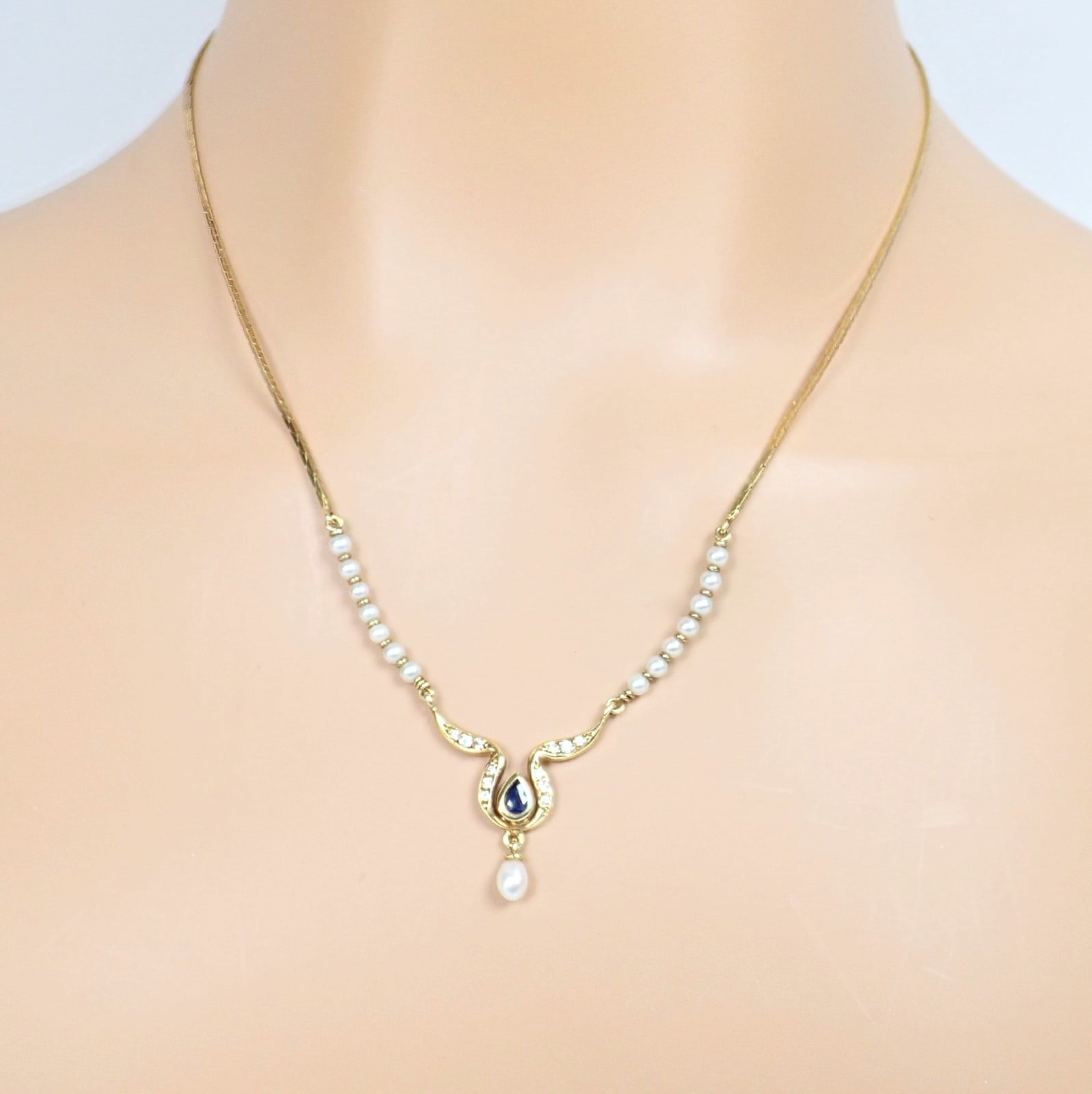 Rare Authentic H. Stern 18k Yellow Gold Diamond Sapphire Teardrop Pearl Necklace | Fortrove