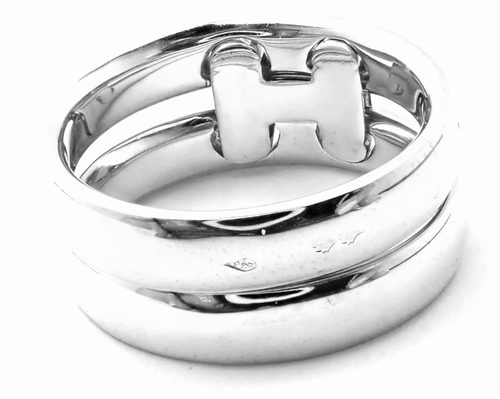 Authentic! Hermes 18k White Gold Diamond H Double Band Flex Band Ring | Fortrove