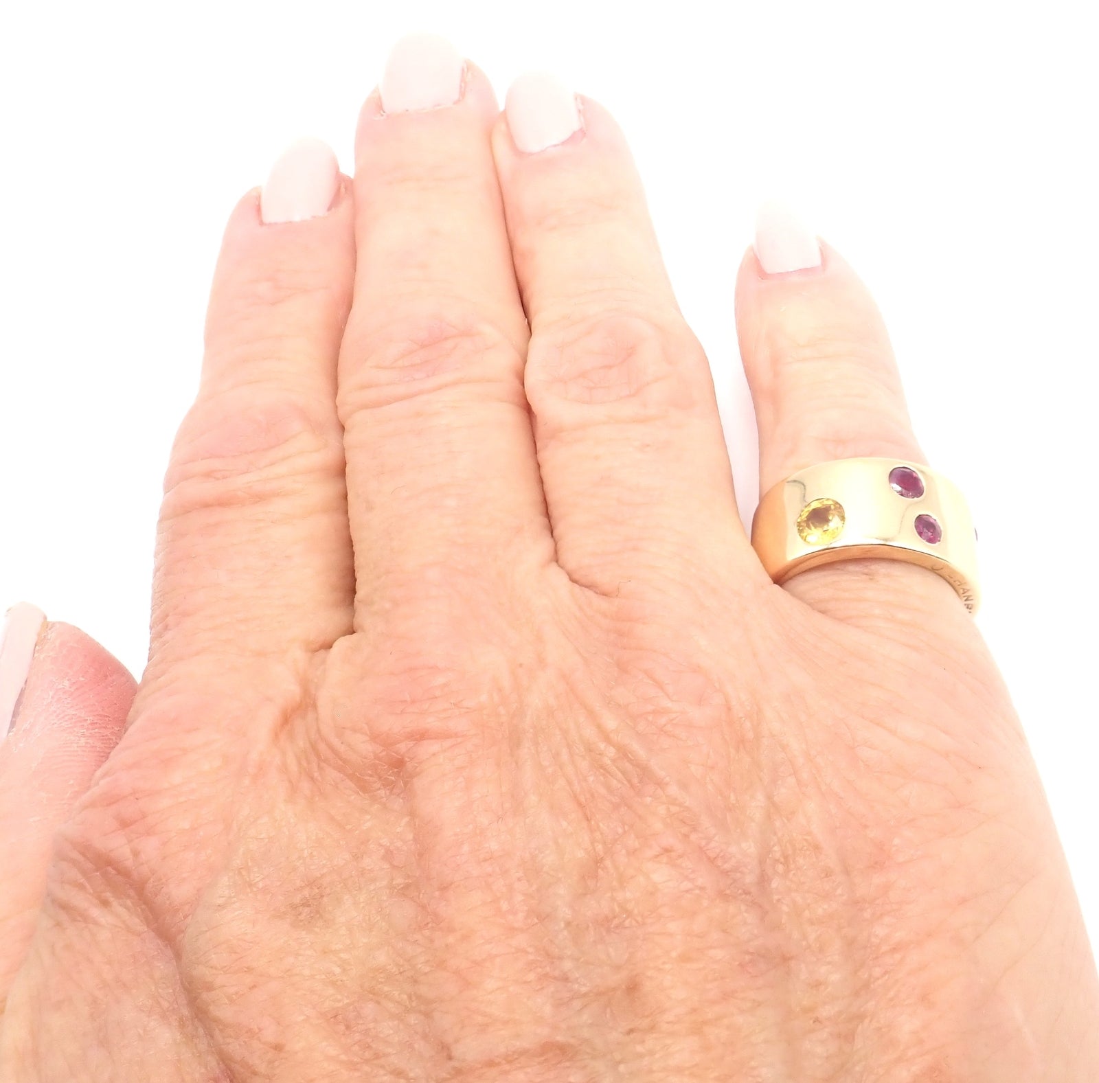 Authentic! Chanel 18k Yellow Gold Ruby Yellow Sapphire Wide Band Ring Size 5 | Fortrove