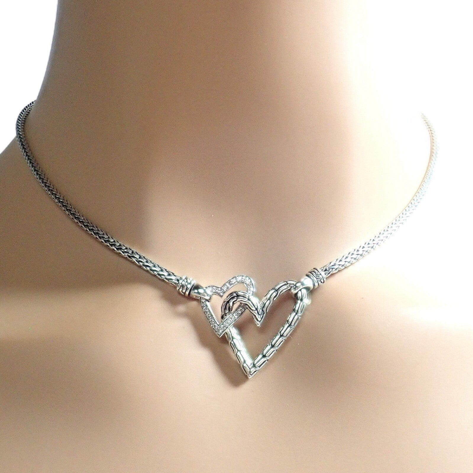 John Hardy Jewelry & Watches:Fine Jewelry:Necklaces & Pendants Authentic! John Hardy JH Silver Diamond Double Heart Manah Necklace