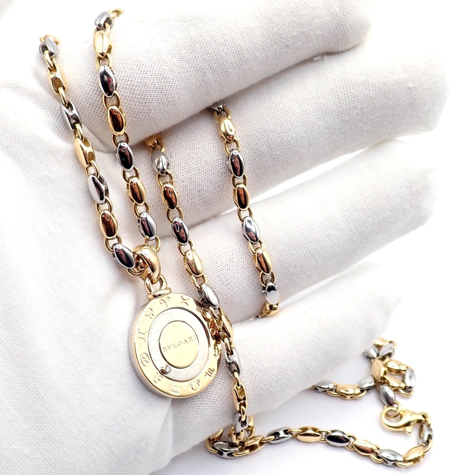 Authentic! Bulgari Bvlgari 18k Yellow Gold Steel Diamond Zodiac Pendant Necklace | Fortrove