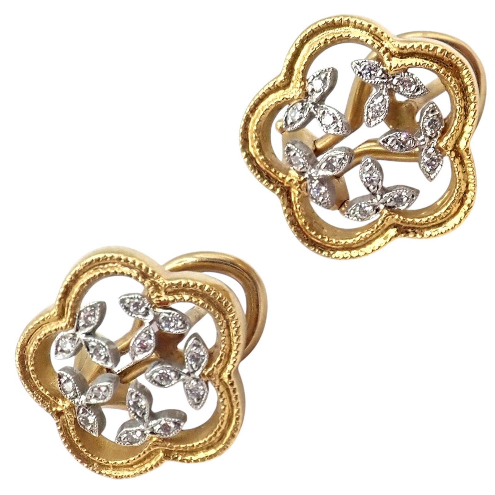 Authentic! Cathy Waterman 22k Yellow Gold Platinum Diamond Vine Flower Earrings | Fortrove