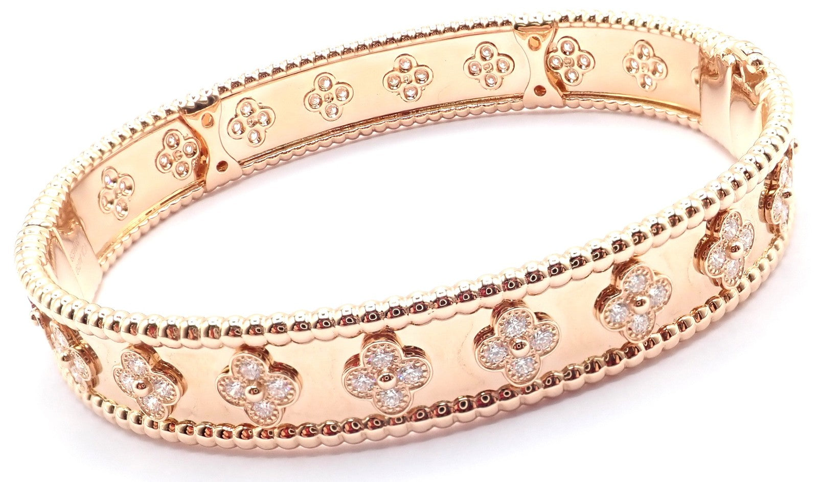 Authentic! Van Cleef & Arpels 18k Rose Gold Diamond Clovers Bangle Bracelet | Fortrove