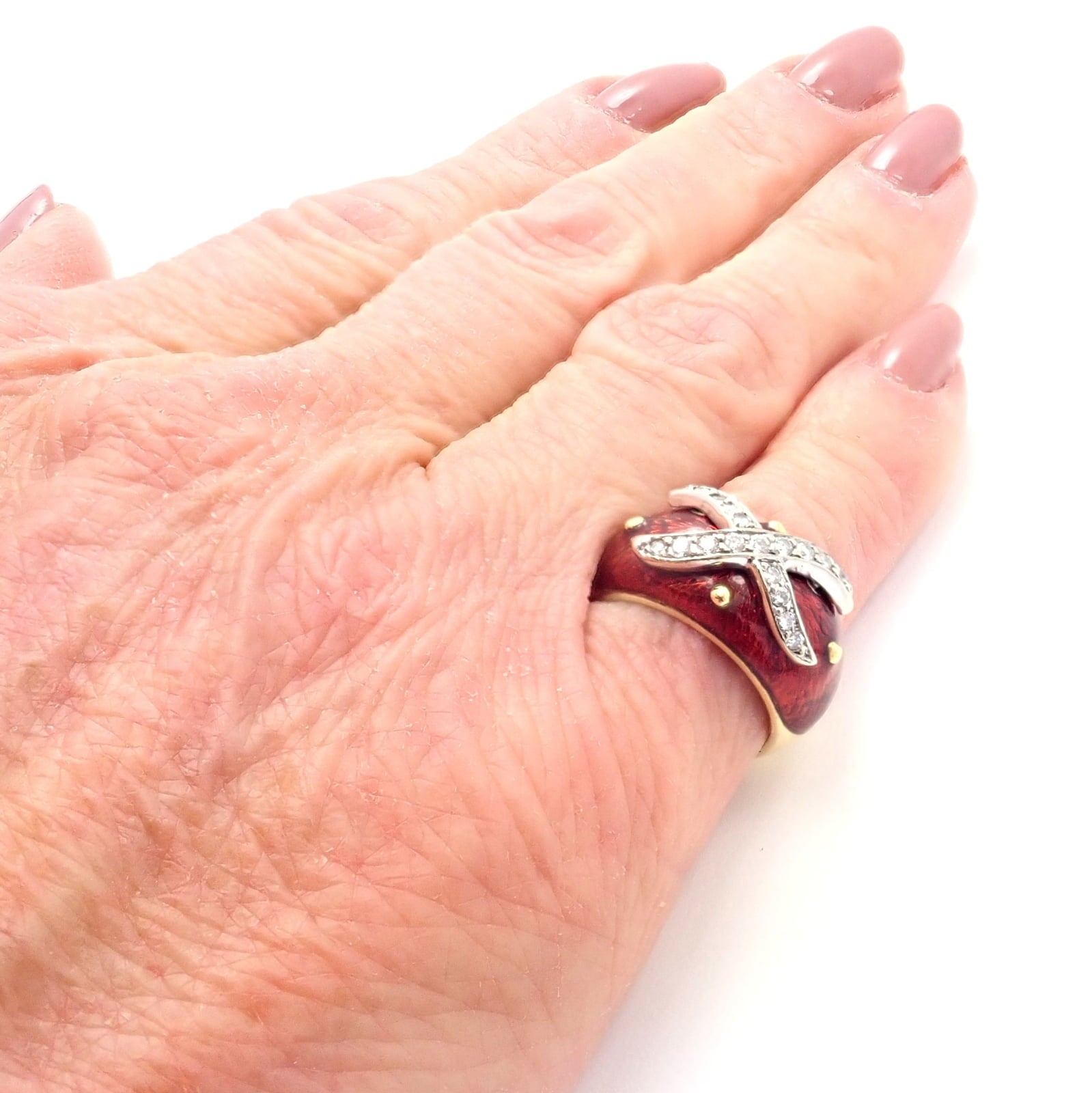 Hidalgo Jewelry & Watches:Fine Jewelry:Rings Authentic! Hidalgo 18k Yellow Gold Red Enamel X Diamond Ring sz 5