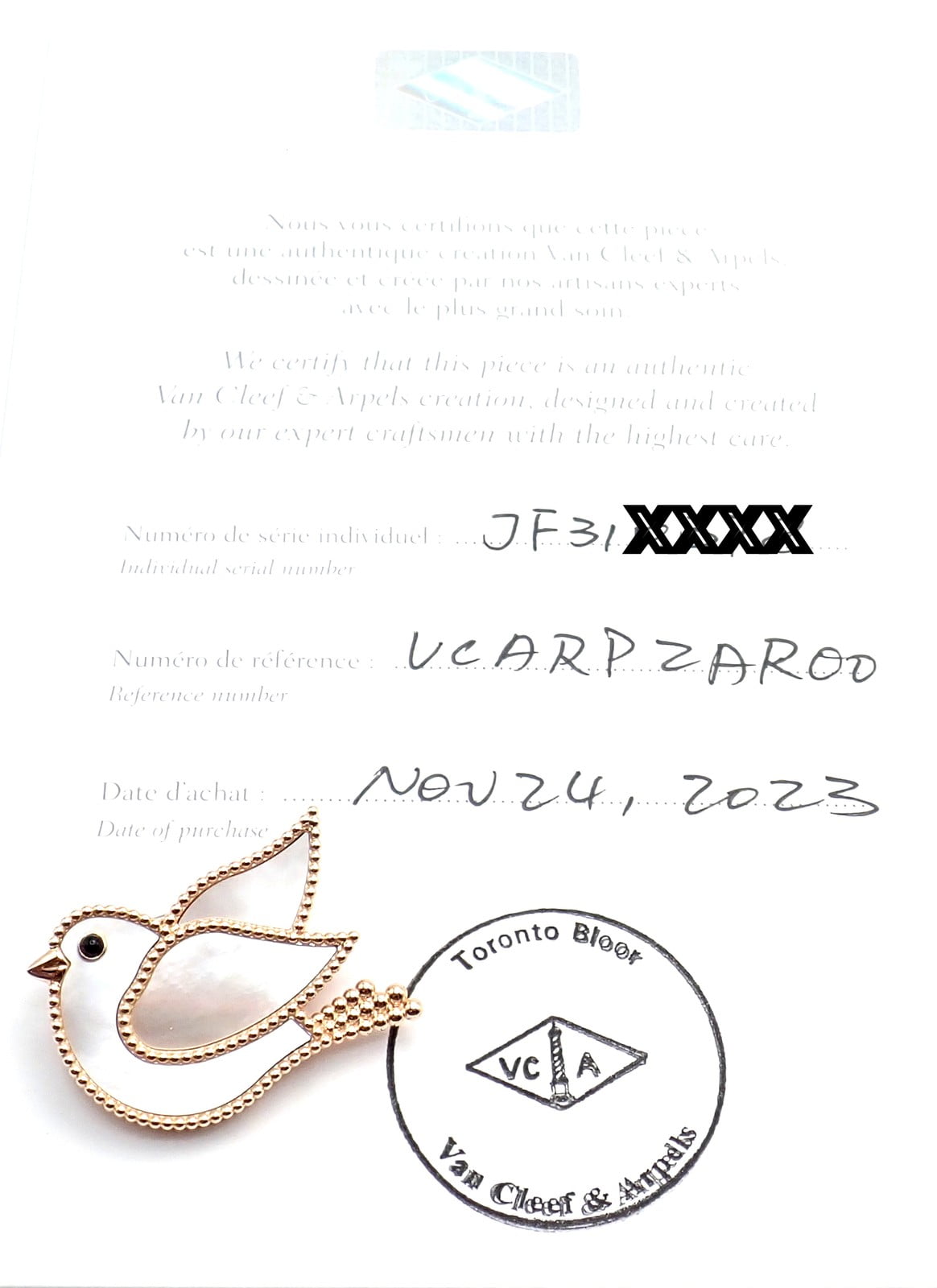 Van Cleef & Arpels Jewelry & Watches:Fine Jewelry:Brooches & Pins Van Cleef & Arpels Lucky Animals Dove 18k Rose Gold MOP Onyx Brooch Cert.