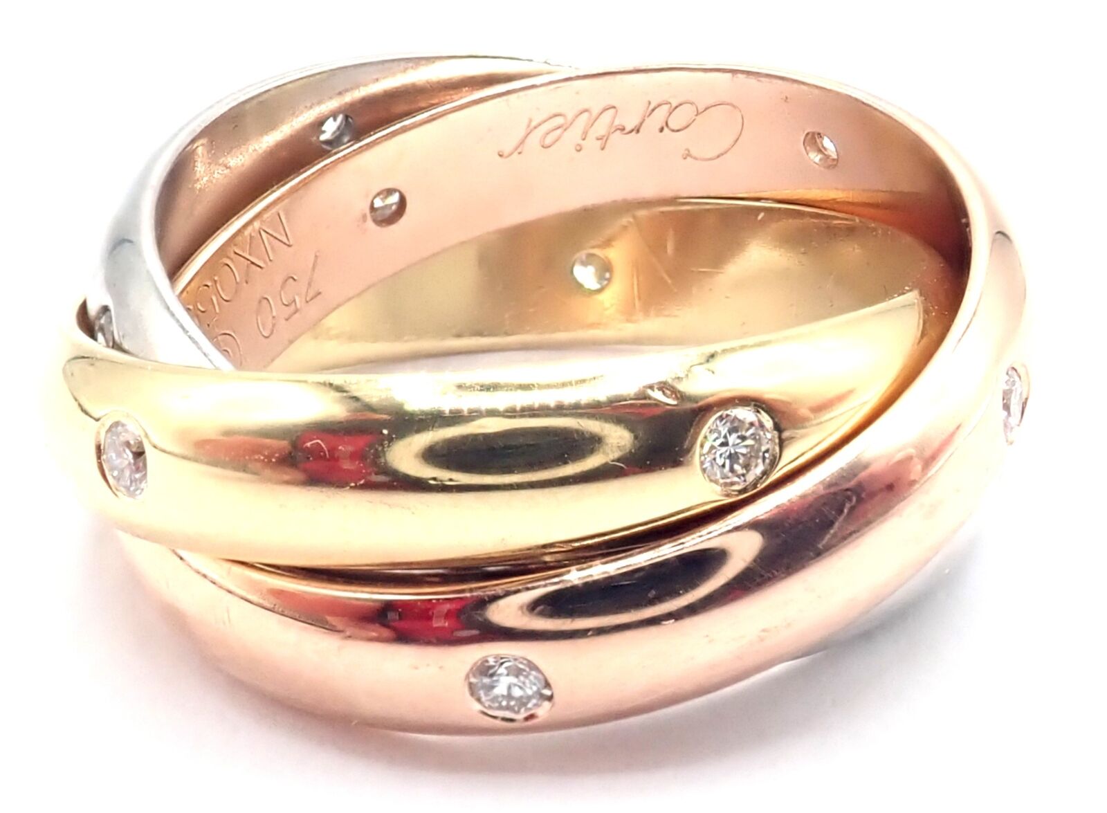 Authentic! Cartier 18k Tri-Color Gold Diamond Trinity Band Ring Size 5.75 Cert. | Fortrove