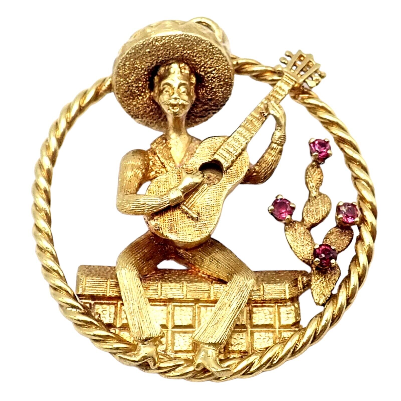 Authentic! Rudi Cherny 18k Yellow Gold Guitar Player Cactus Ruby Pendant | Fortrove