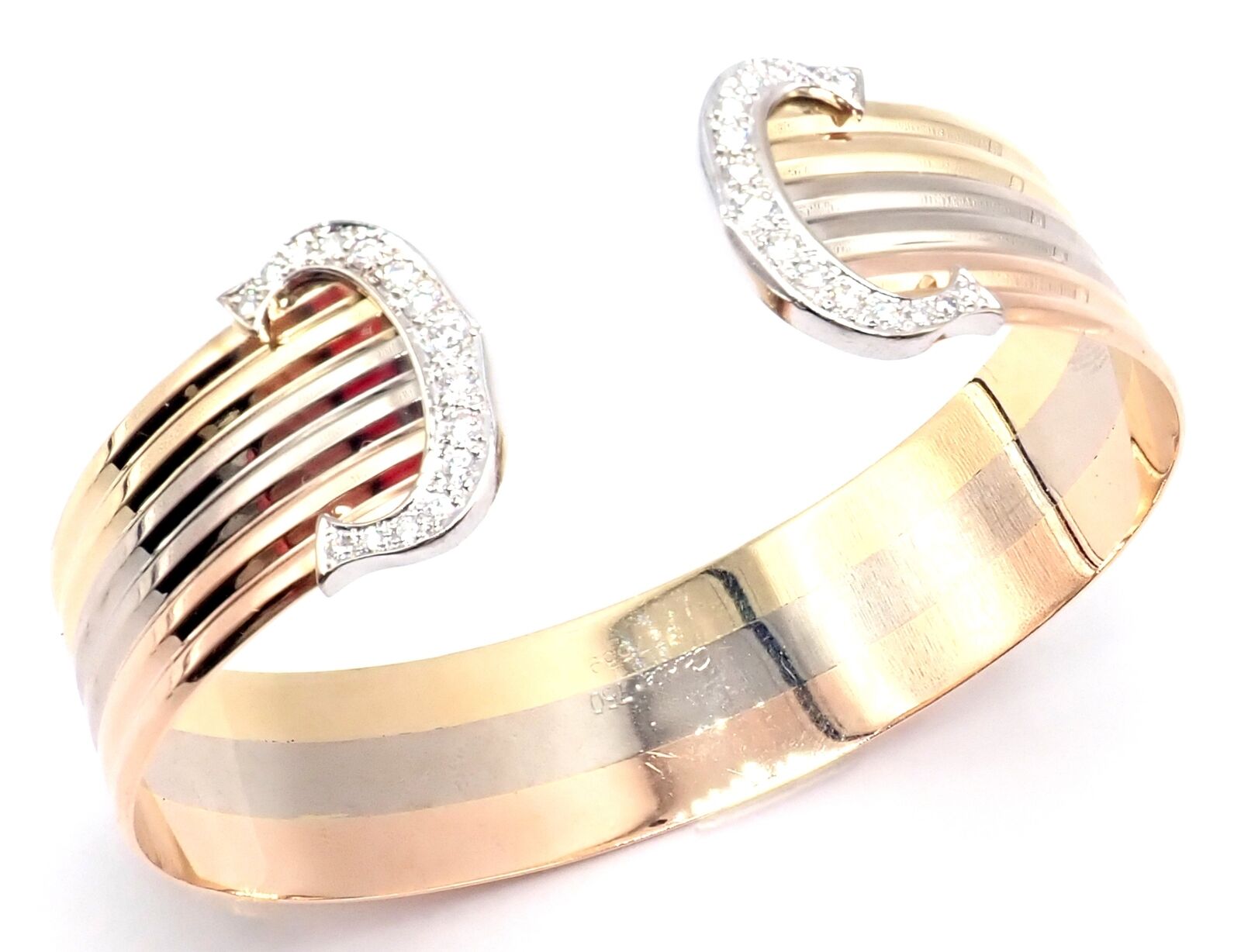 Authentic! Cartier 18k Tri-Color Gold Diamond Double C Wide Cuff Bangle Bracelet | Fortrove