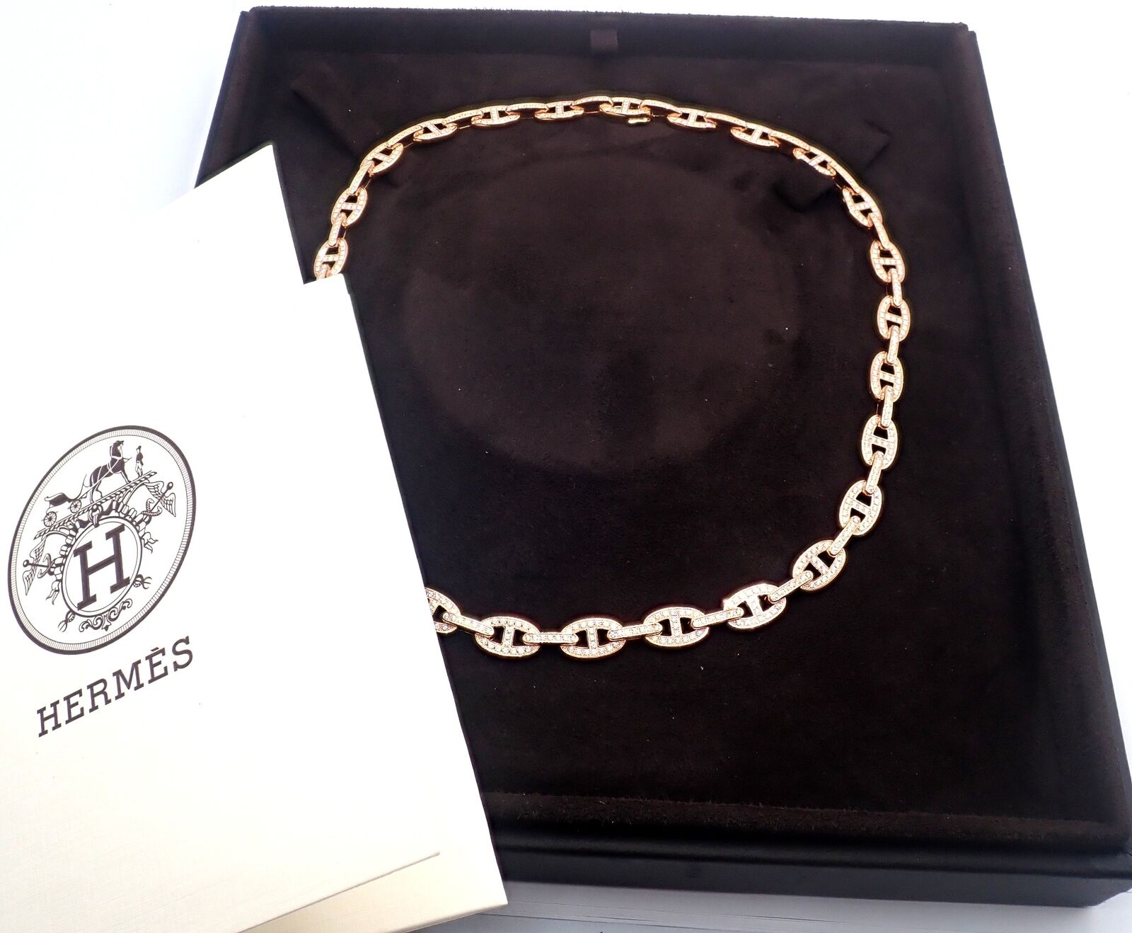 Authentic! Hermes Chaine d'ancre Enchaine 18k Rose Gold Diamond Link Necklace | Fortrove