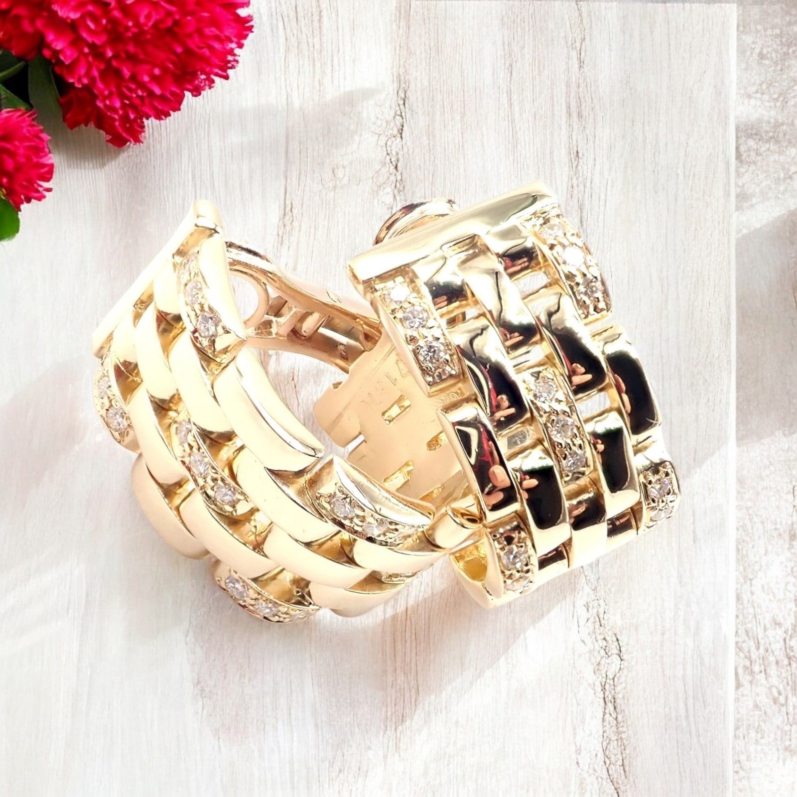 Authentic Cartier Maillon Panthere 18K Gold Diamond Five Row Link Gold Earrings | Fortrove